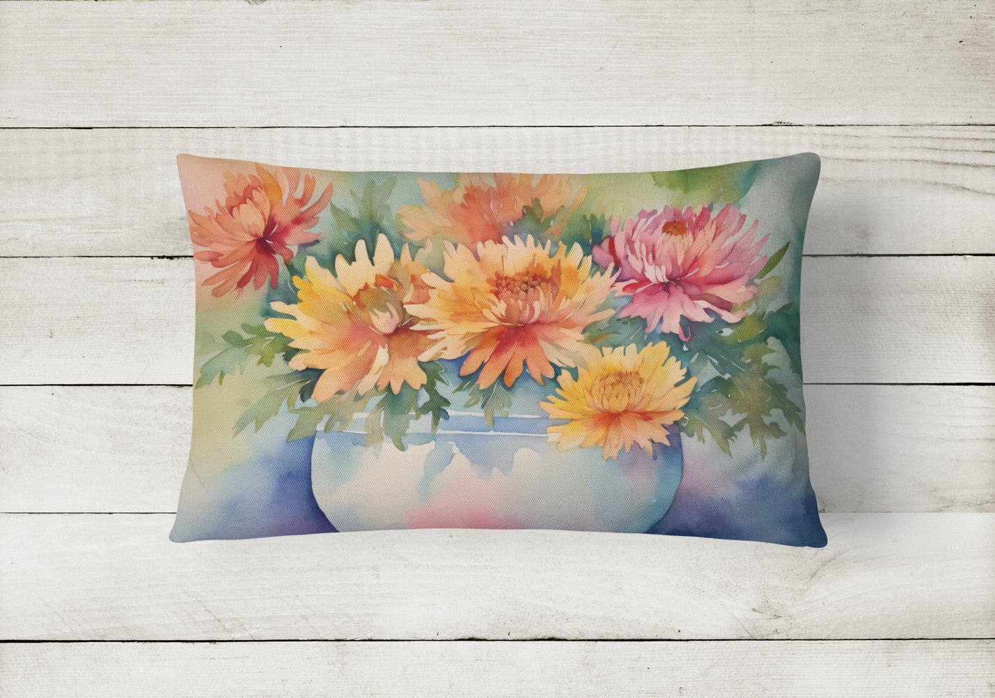 Chrysanthemums in Watercolor Fabric Decorative Pillow  the-store.com.