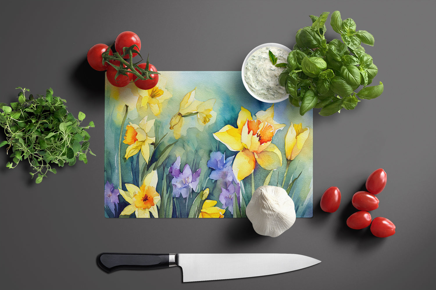 Daffodils in Watercolor Glass Cutting Board Large  the-store.com.