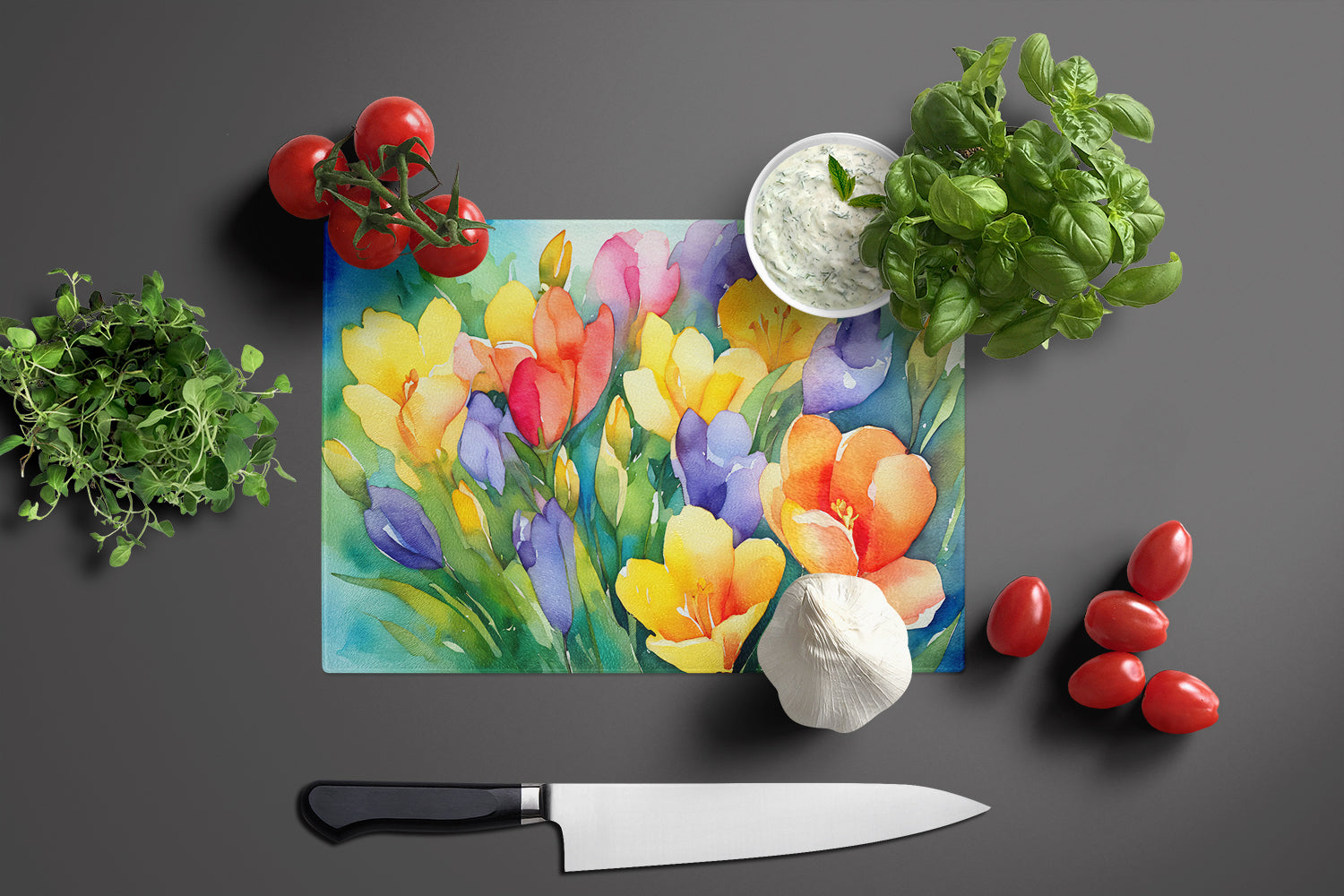 Freesias in Watercolor Glass Cutting Board Large  the-store.com.