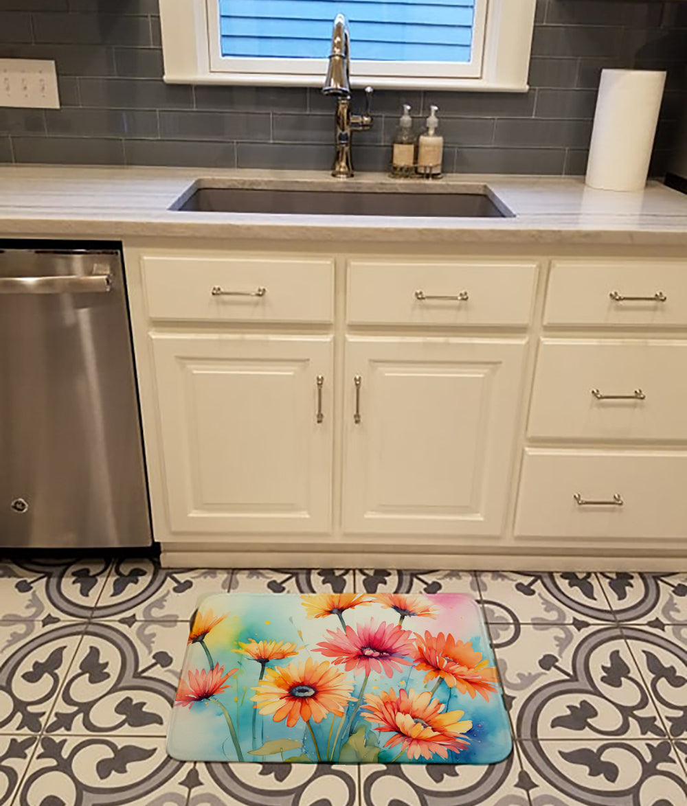 Gerbera Daisies in Watercolor Memory Foam Kitchen Mat  the-store.com.