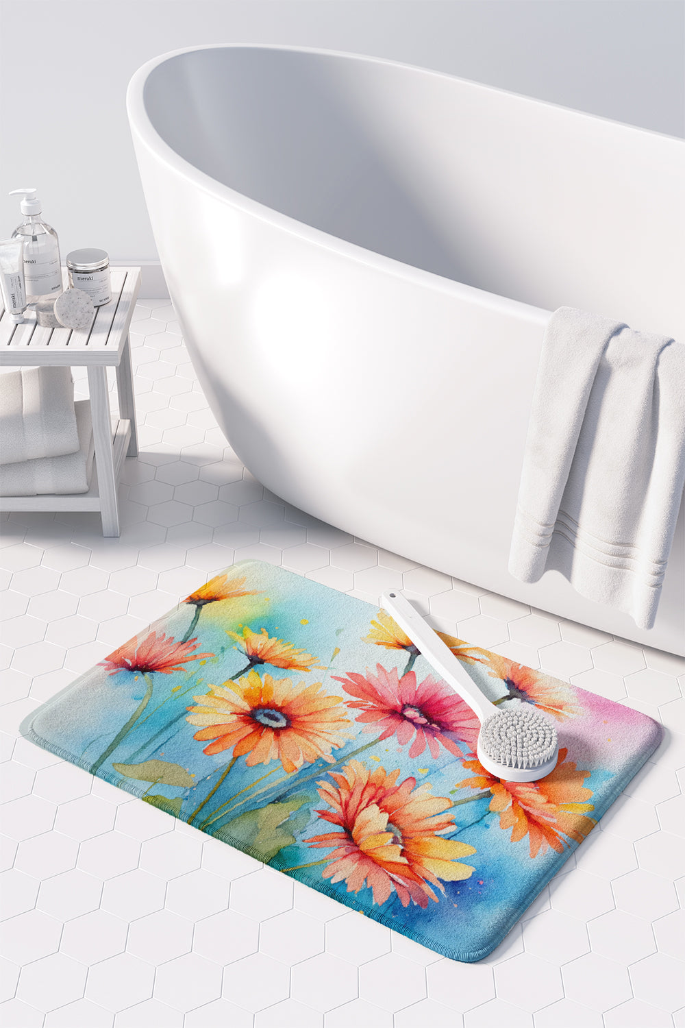 Gerbera Daisies in Watercolor Memory Foam Kitchen Mat  the-store.com.