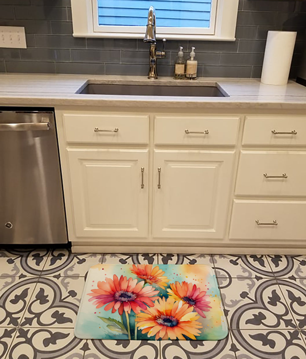 Gerbera Daisies in Watercolor Memory Foam Kitchen Mat  the-store.com.