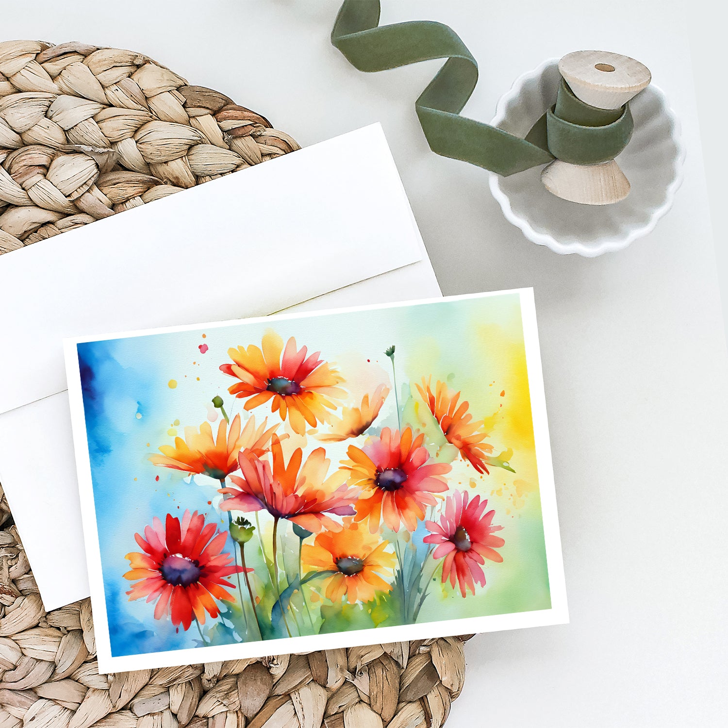 Gerbera Daisies in Watercolor Greeting Cards and Envelopes Pack of 8  the-store.com.