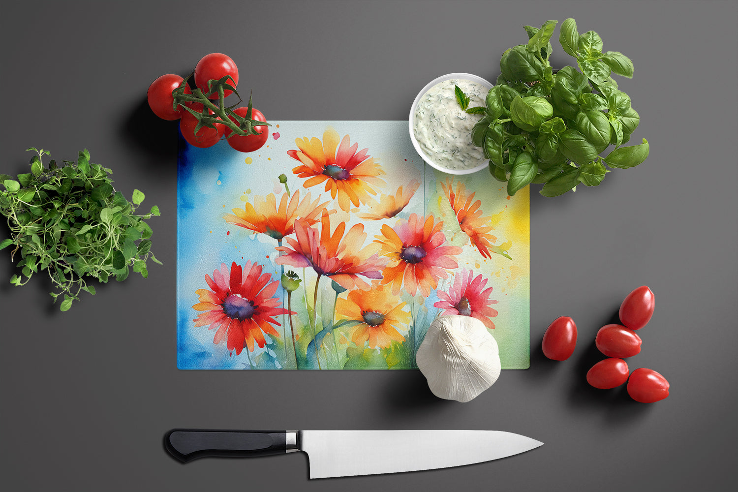 Gerbera Daisies in Watercolor Glass Cutting Board Large  the-store.com.