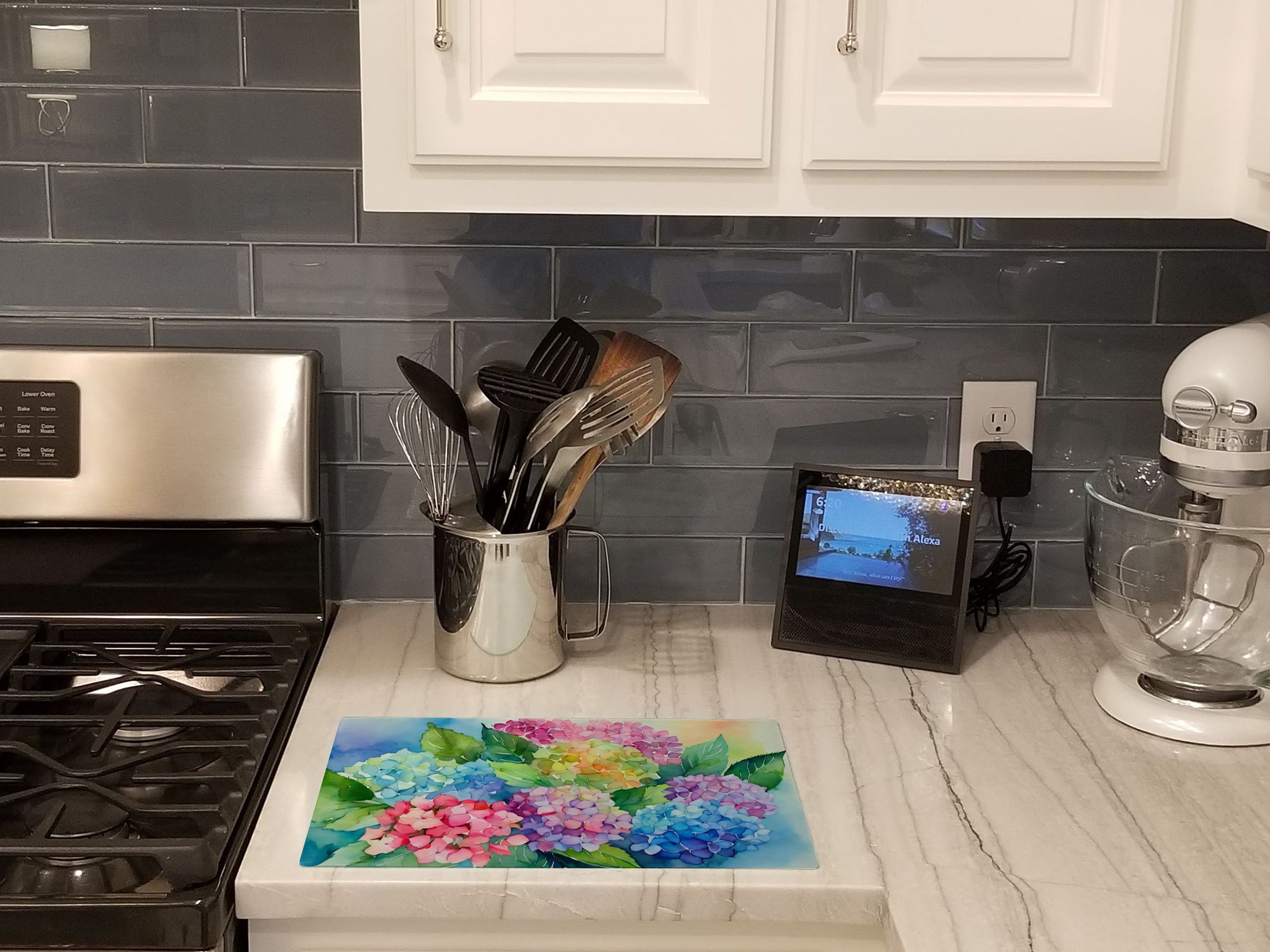 Hydrangeas in Watercolor Glass Cutting Board Large