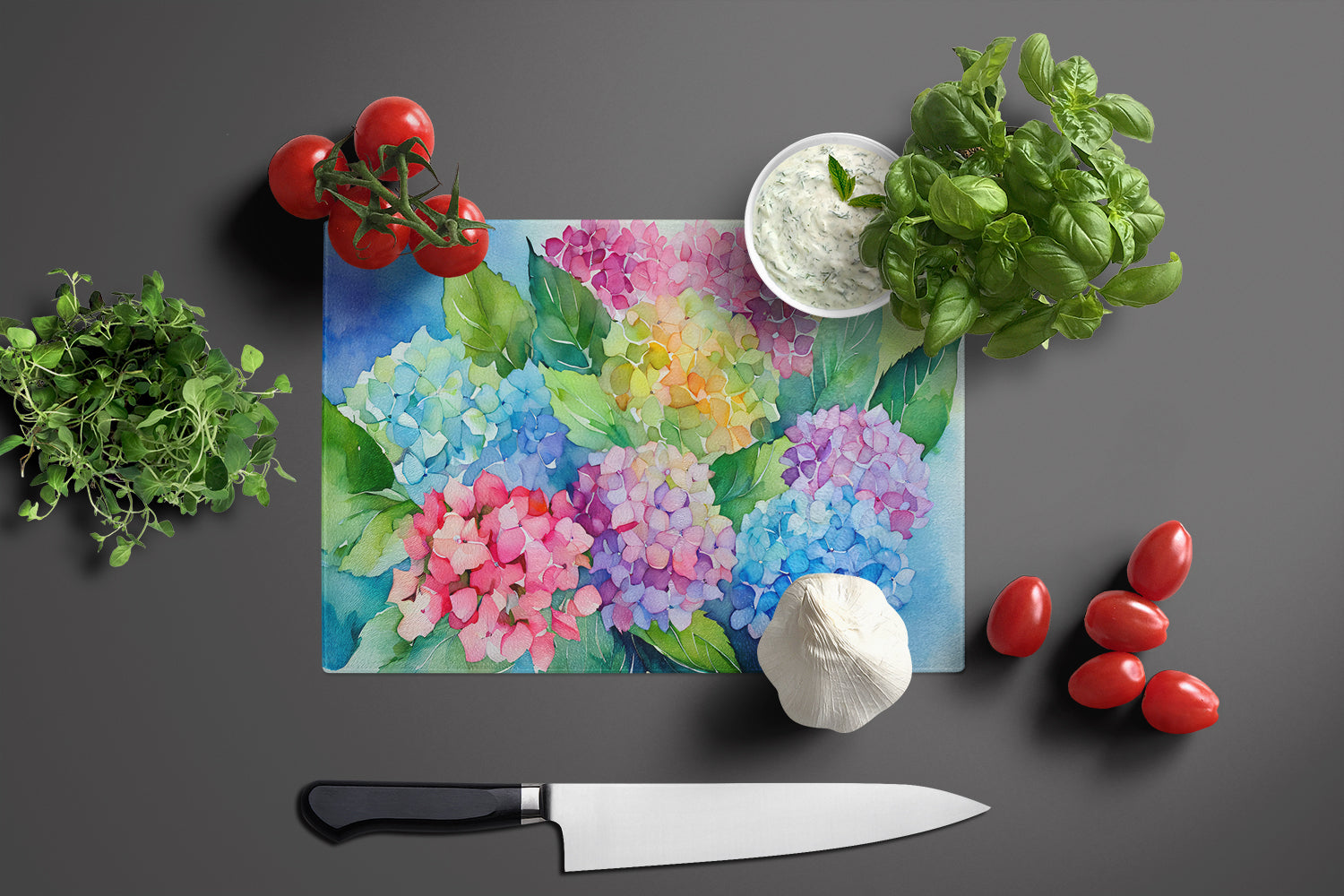 Hydrangeas in Watercolor Glass Cutting Board Large