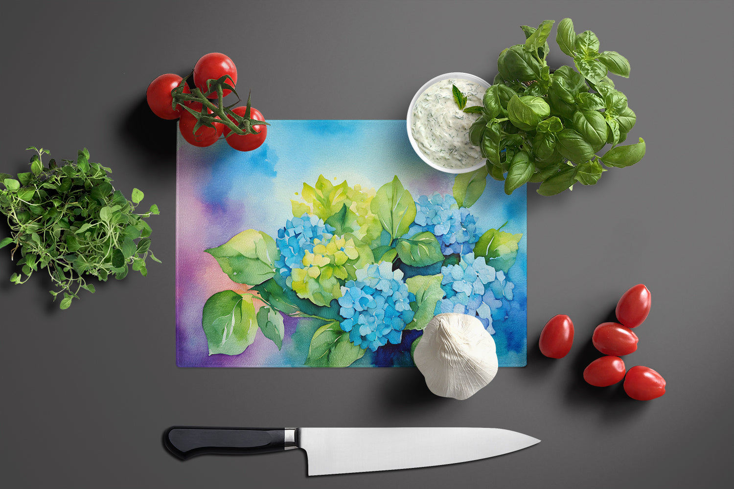 Hydrangeas in Watercolor Glass Cutting Board Large  the-store.com.
