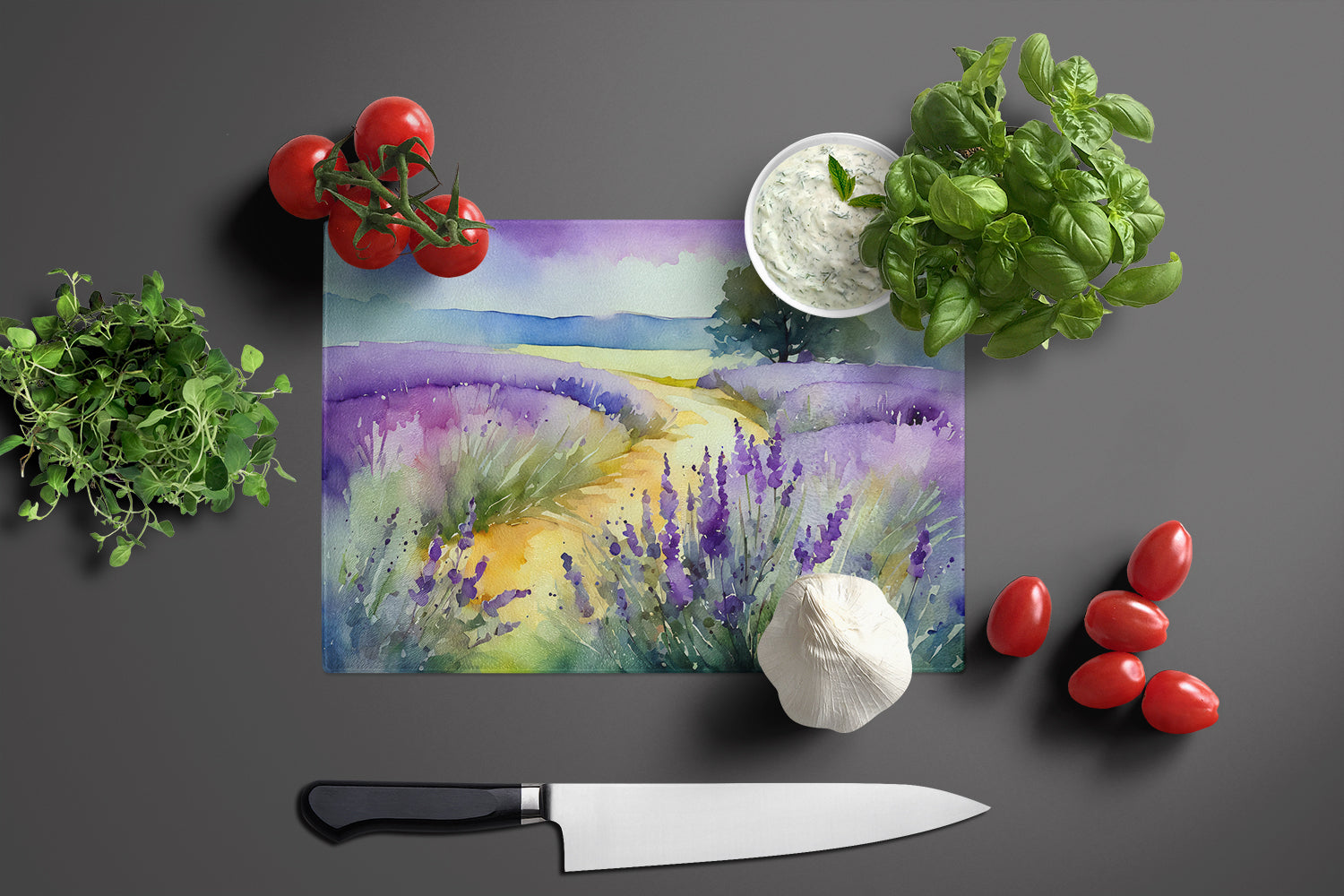 Lavender in Watercolor Glass Cutting Board Large  the-store.com.