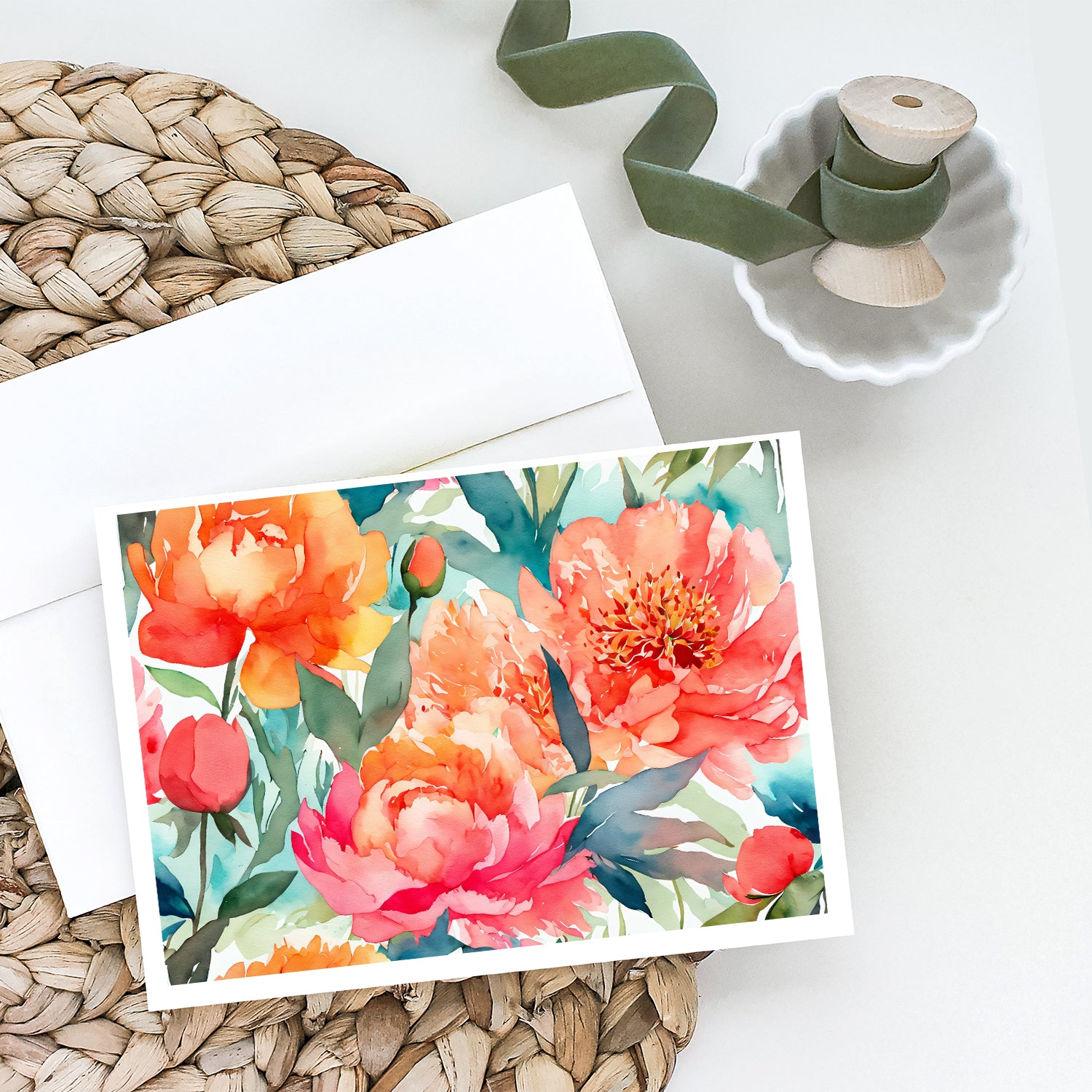 Peonies in Watercolor Greeting Cards and Envelopes Pack of 8  the-store.com.