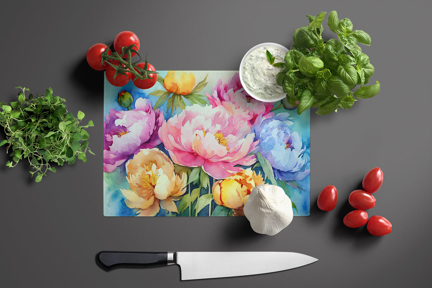 Peonies in Watercolor Glass Cutting Board Large  the-store.com.