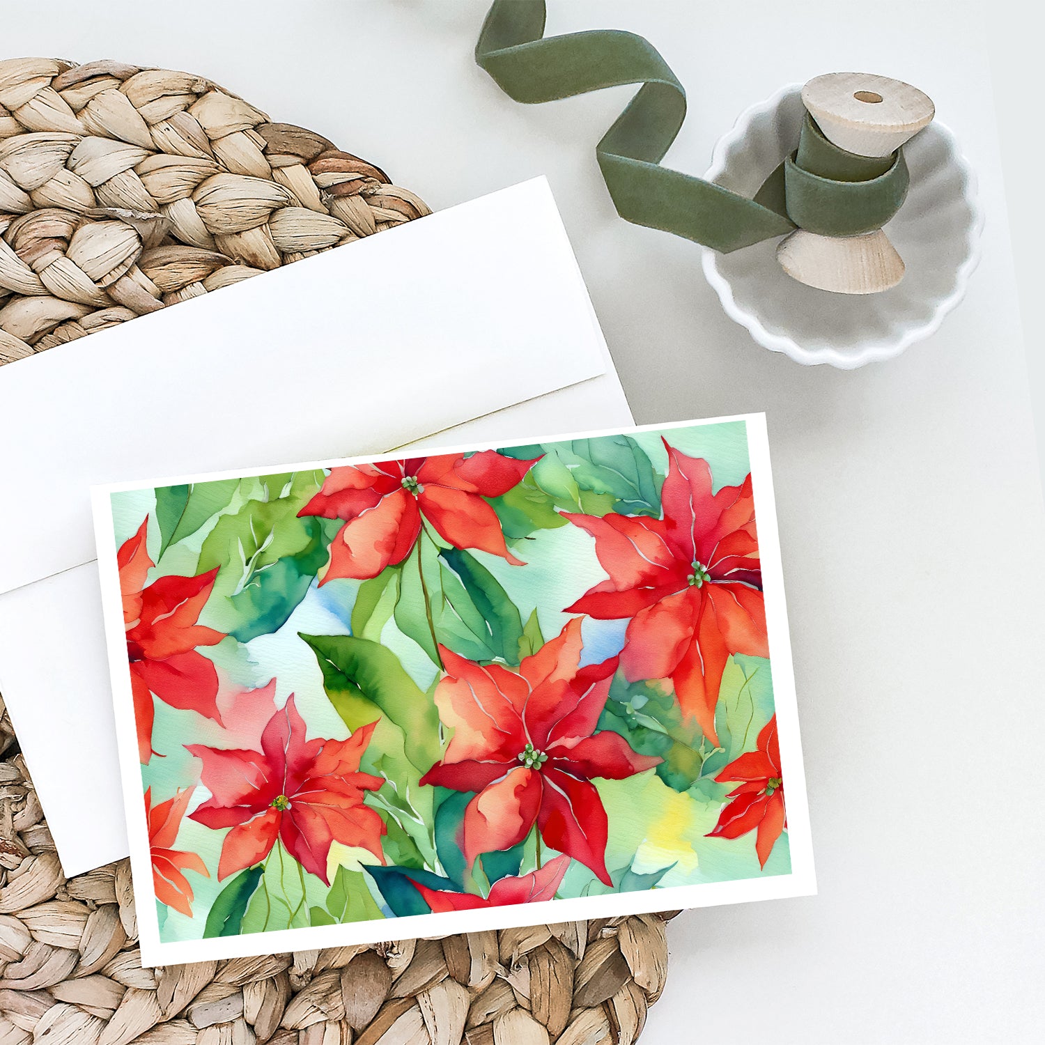 Poinsettias in Watercolor Greeting Cards and Envelopes Pack of 8  the-store.com.
