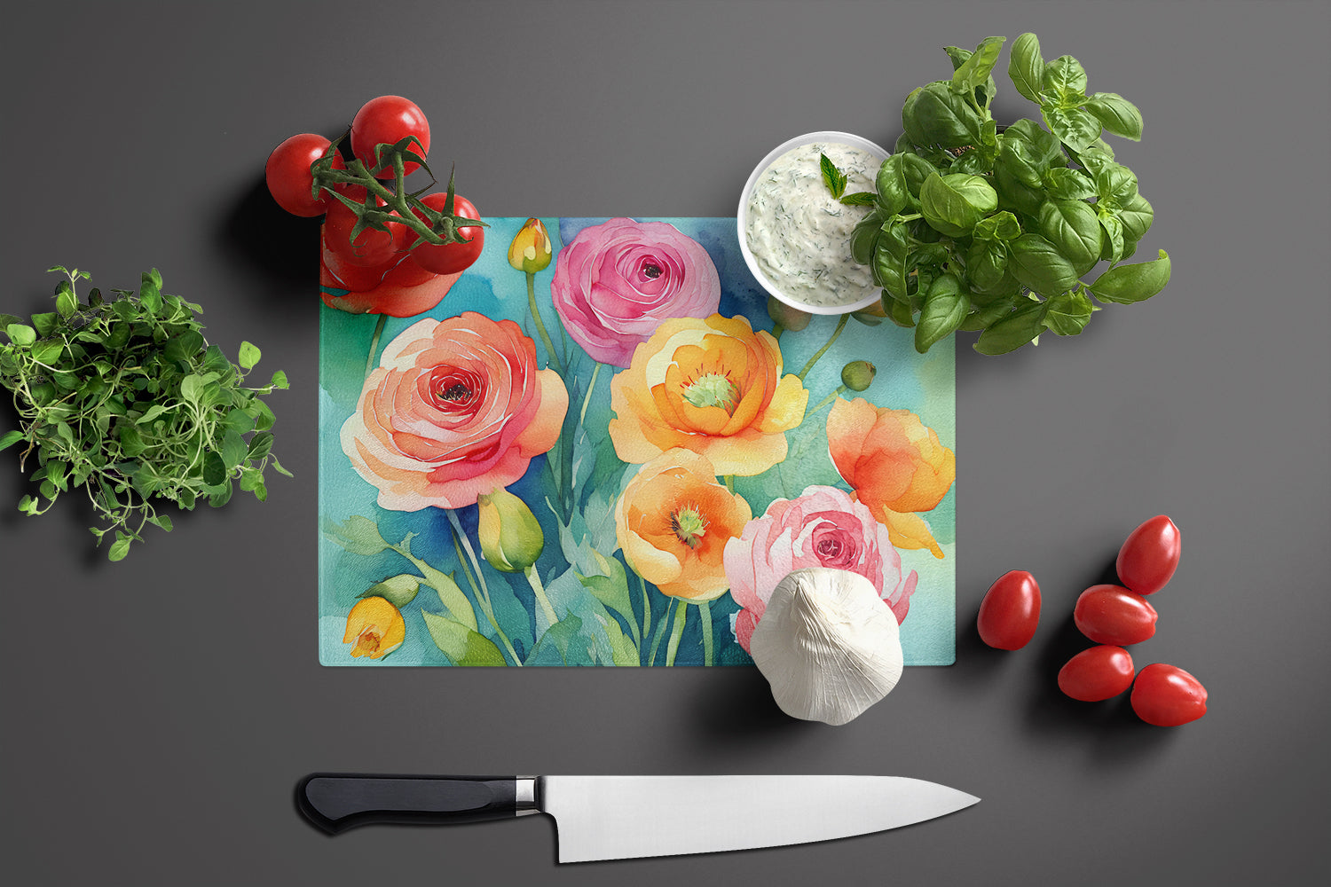 Ranunculus in Watercolor Glass Cutting Board Large  the-store.com.