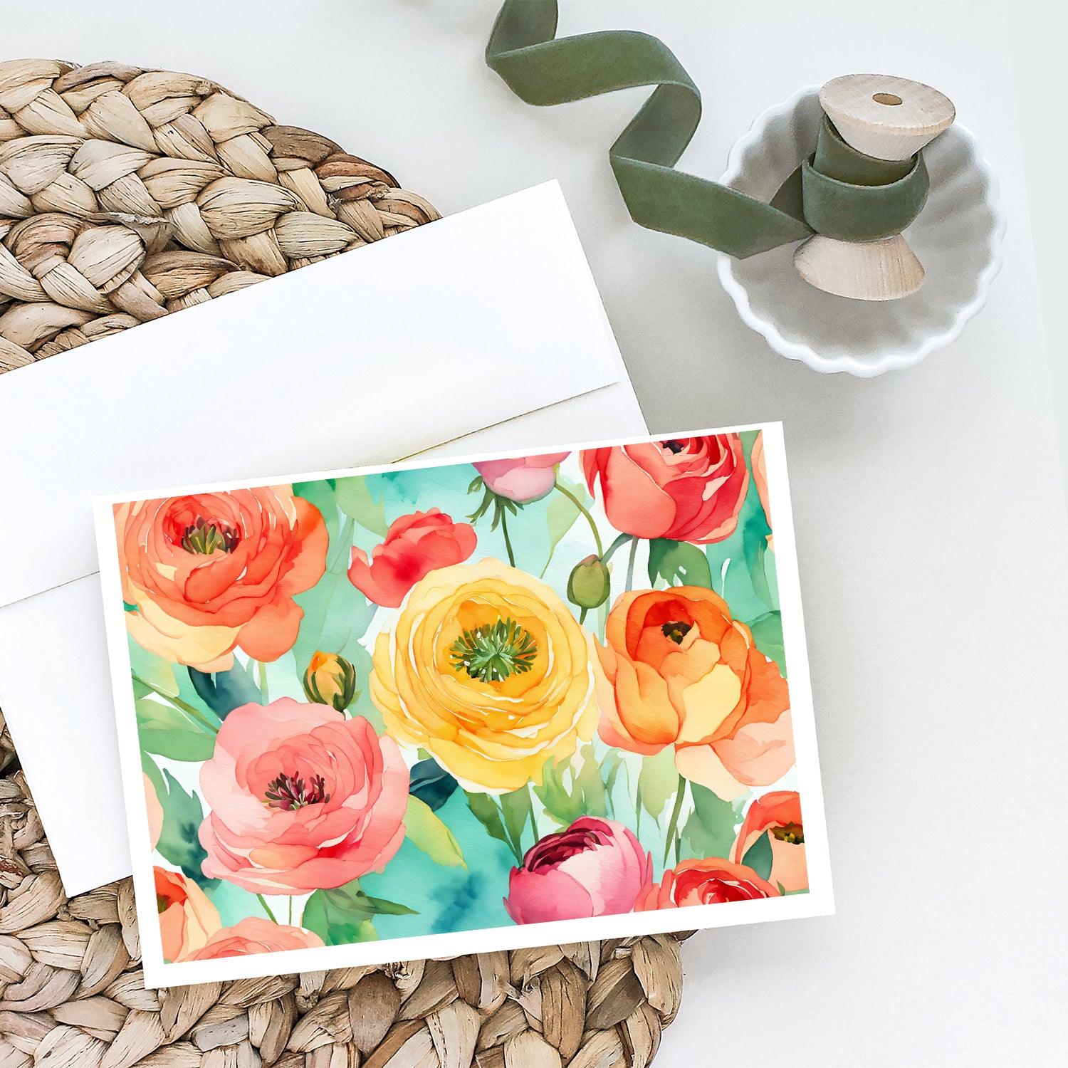 Ranunculus in Watercolor Greeting Cards and Envelopes Pack of 8  the-store.com.