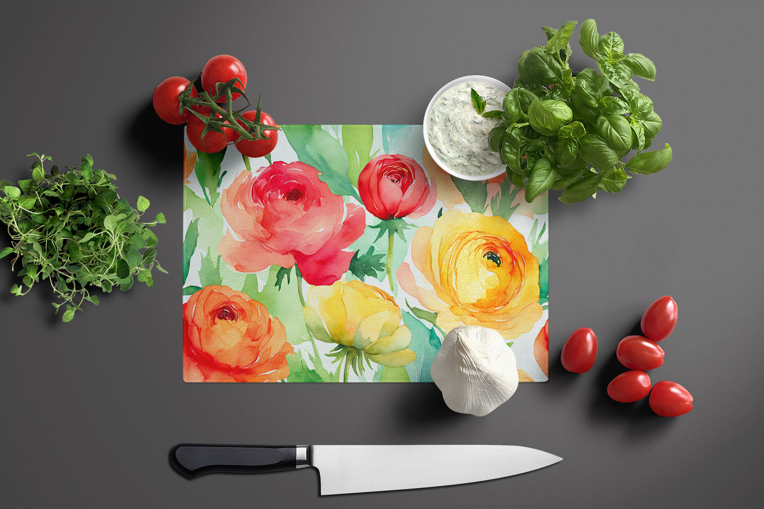 Ranunculus in Watercolor Glass Cutting Board Large  the-store.com.