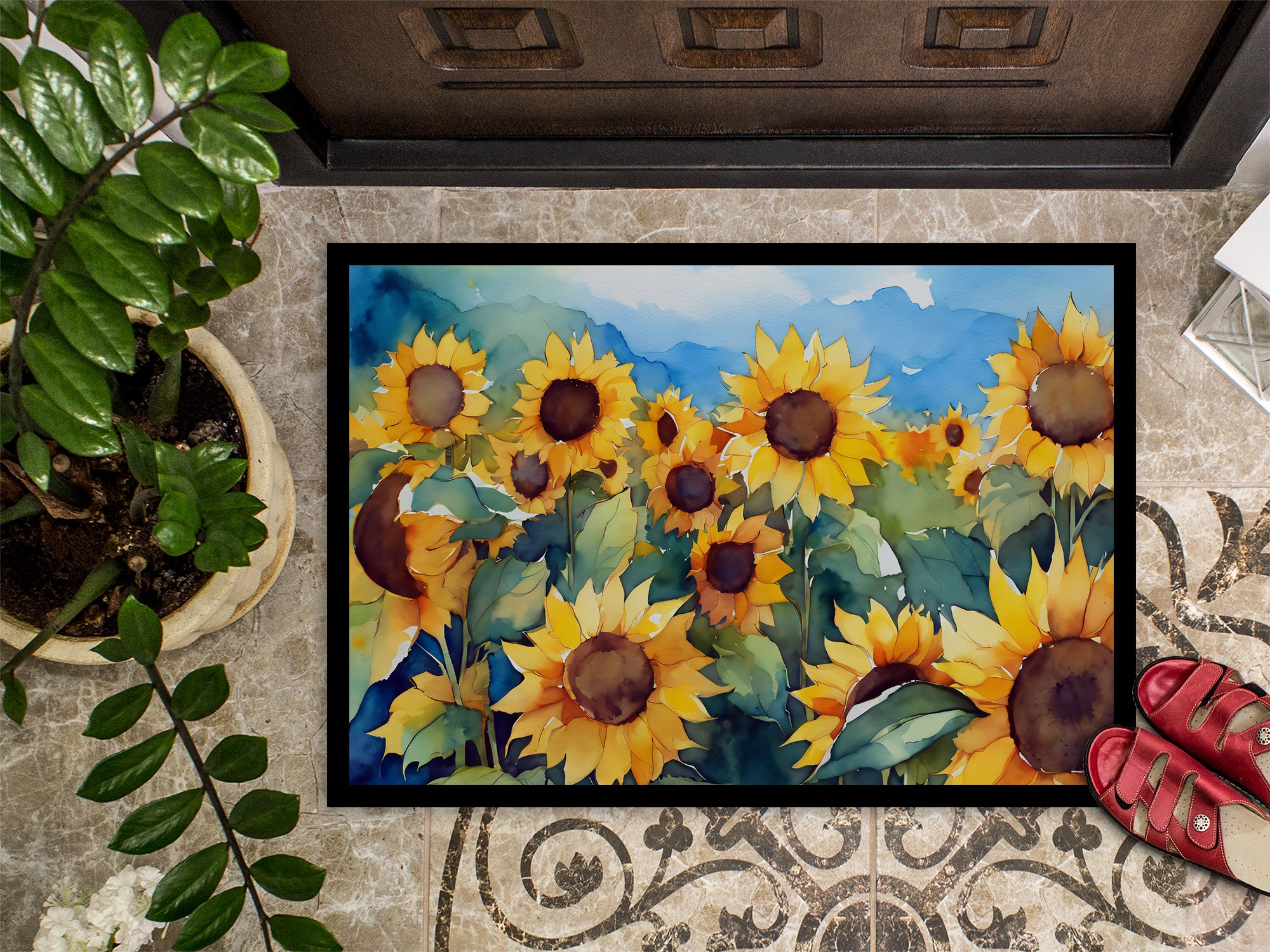 Sunflowers in Watercolor Indoor or Outdoor Mat 24x36