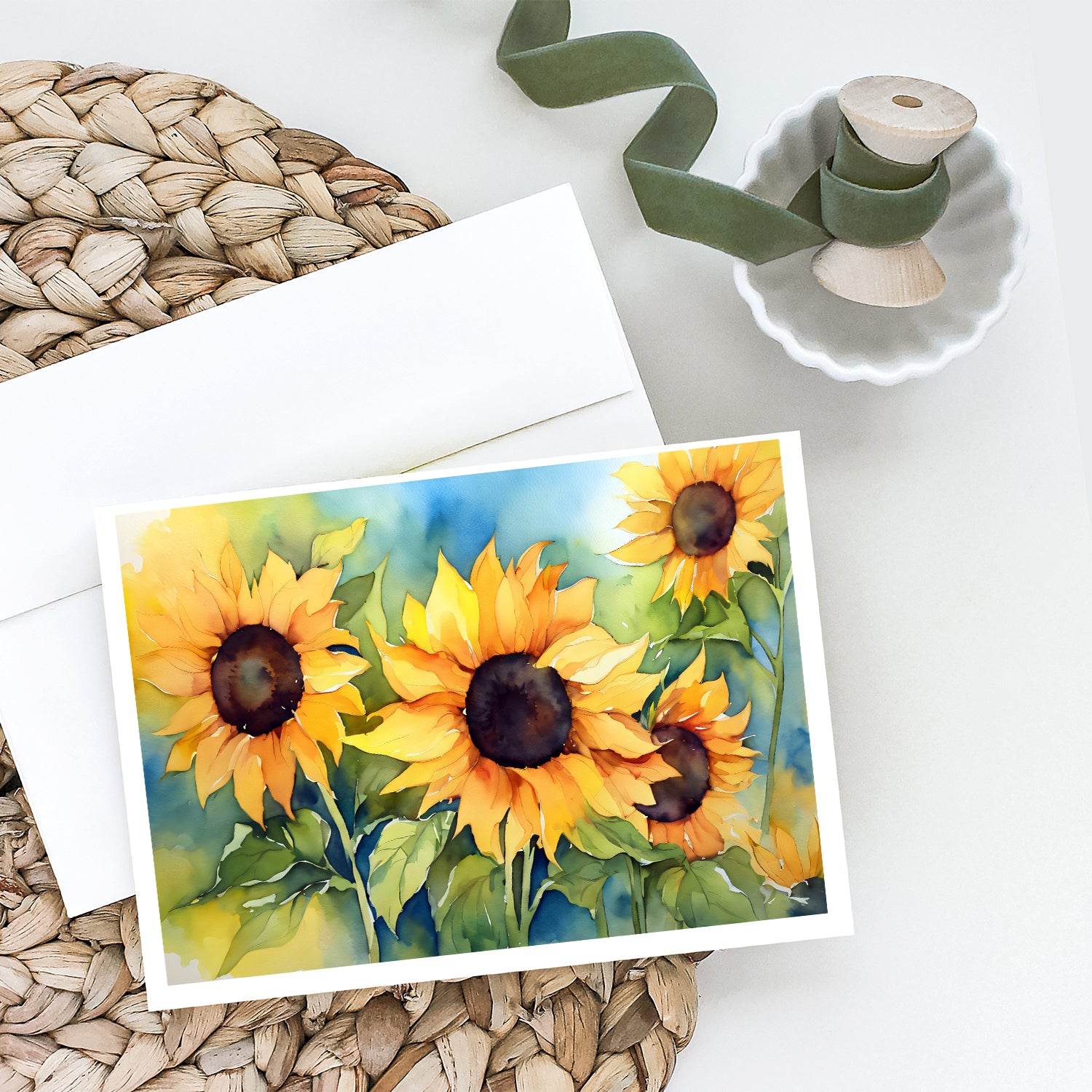 Sunflowers in Watercolor Greeting Cards and Envelopes Pack of 8  the-store.com.