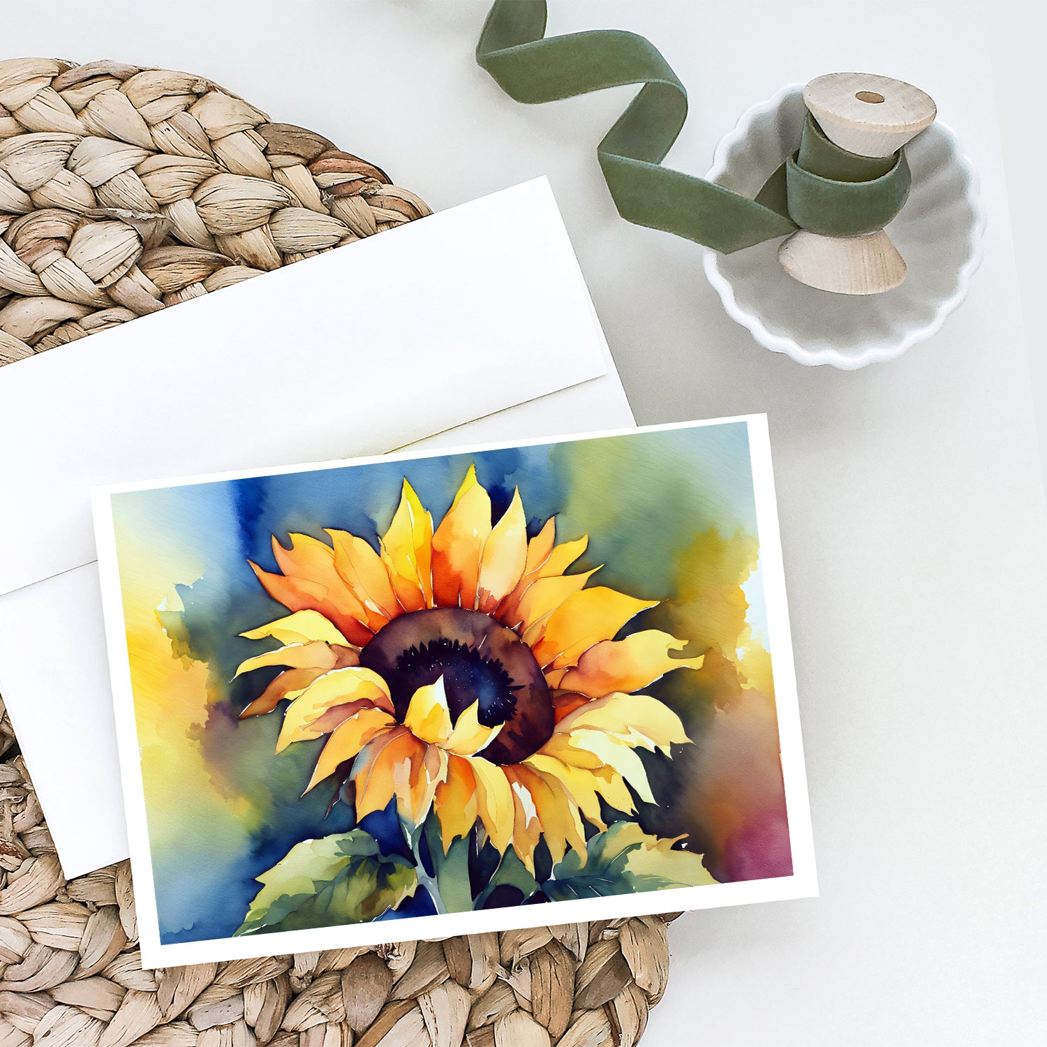 Sunflowers in Watercolor Greeting Cards and Envelopes Pack of 8  the-store.com.