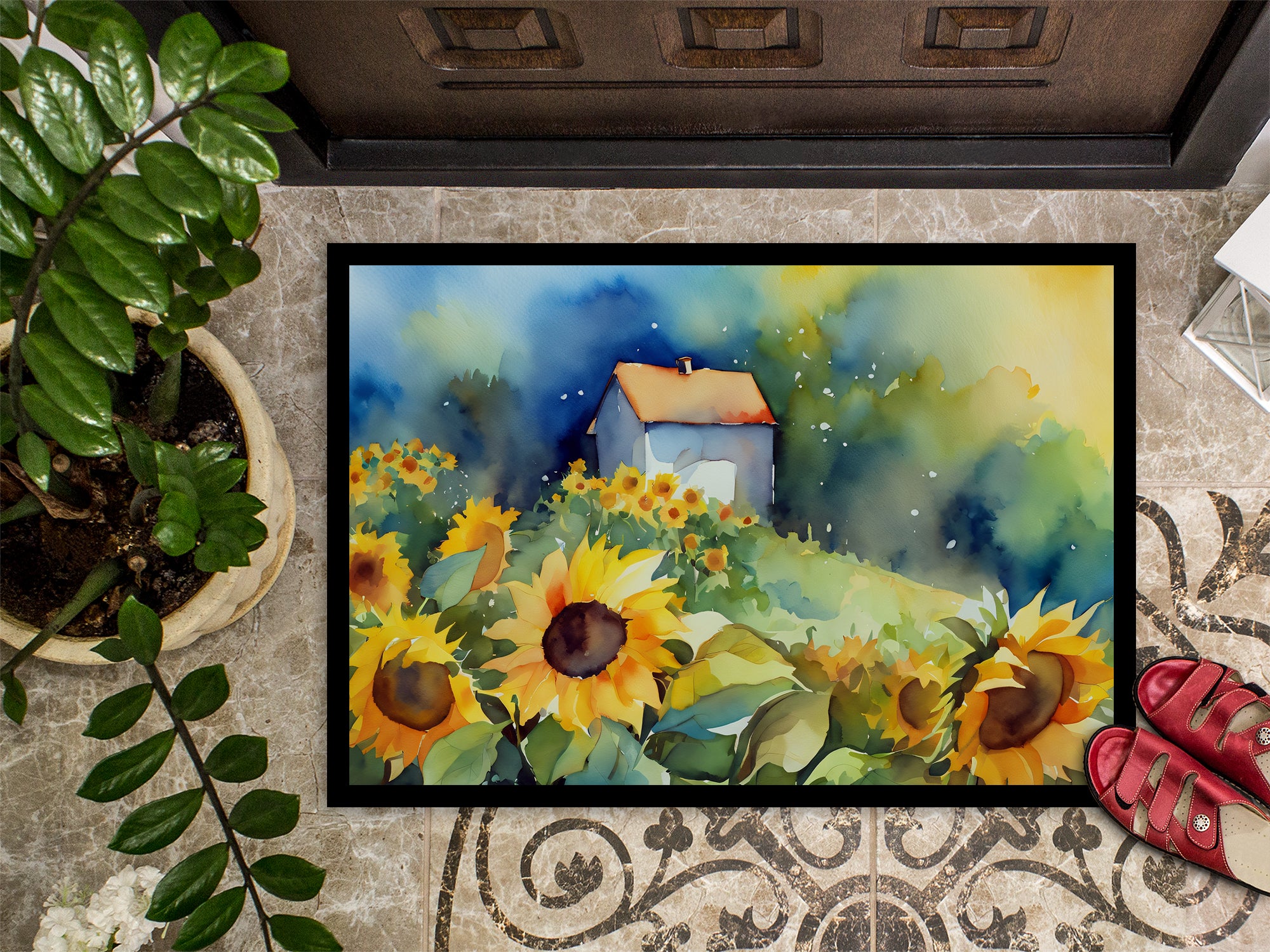 Sunflowers in Watercolor Indoor or Outdoor Mat 24x36