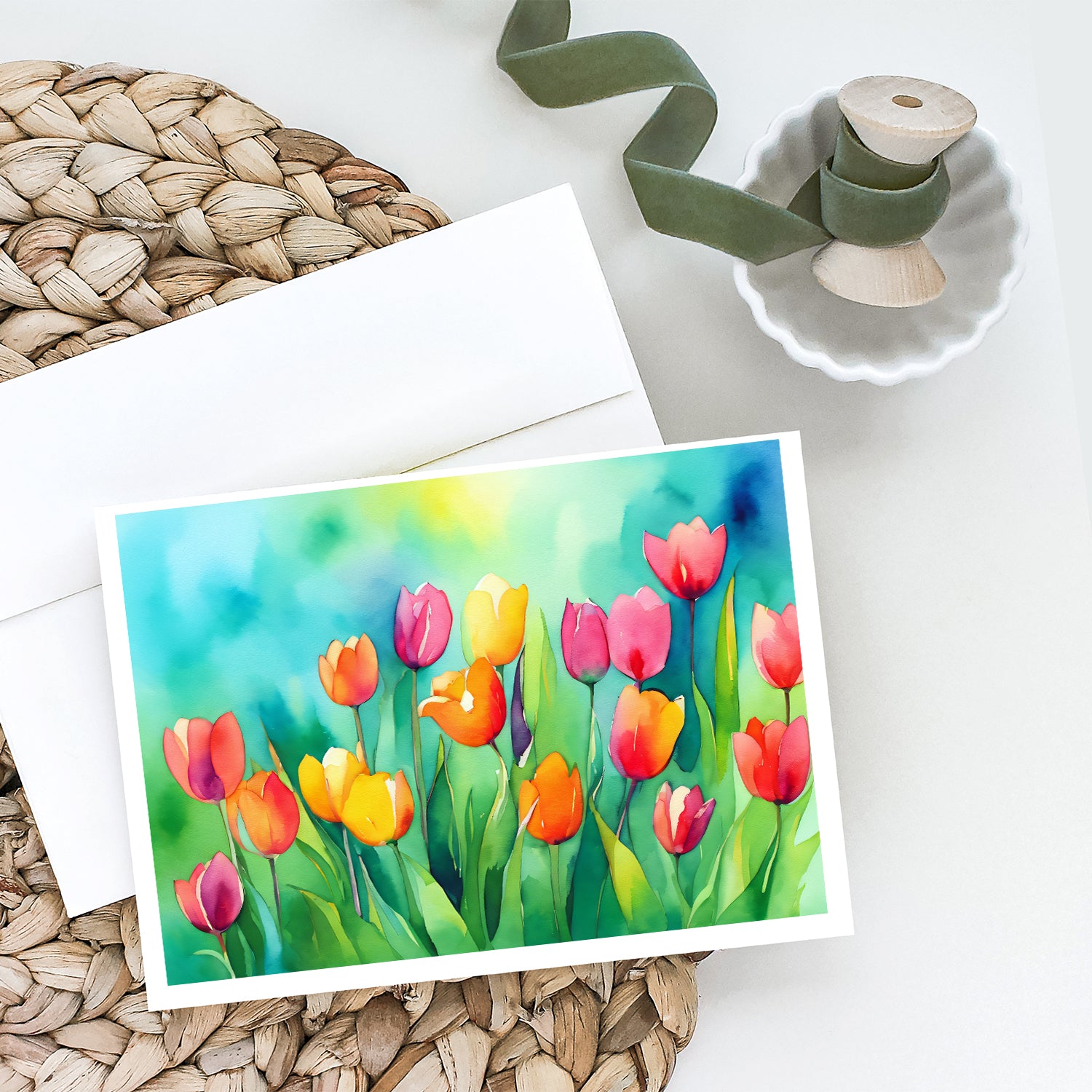 Tulips in Watercolor Greeting Cards and Envelopes Pack of 8