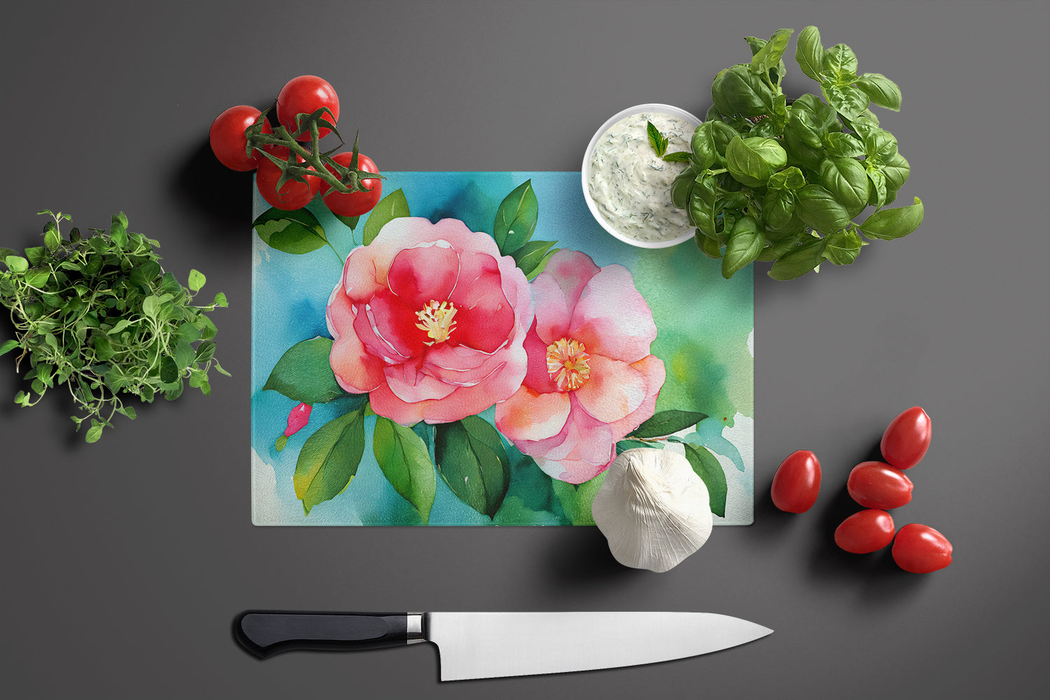 Alabama Camellia in Watercolor Glass Cutting Board Large  the-store.com.