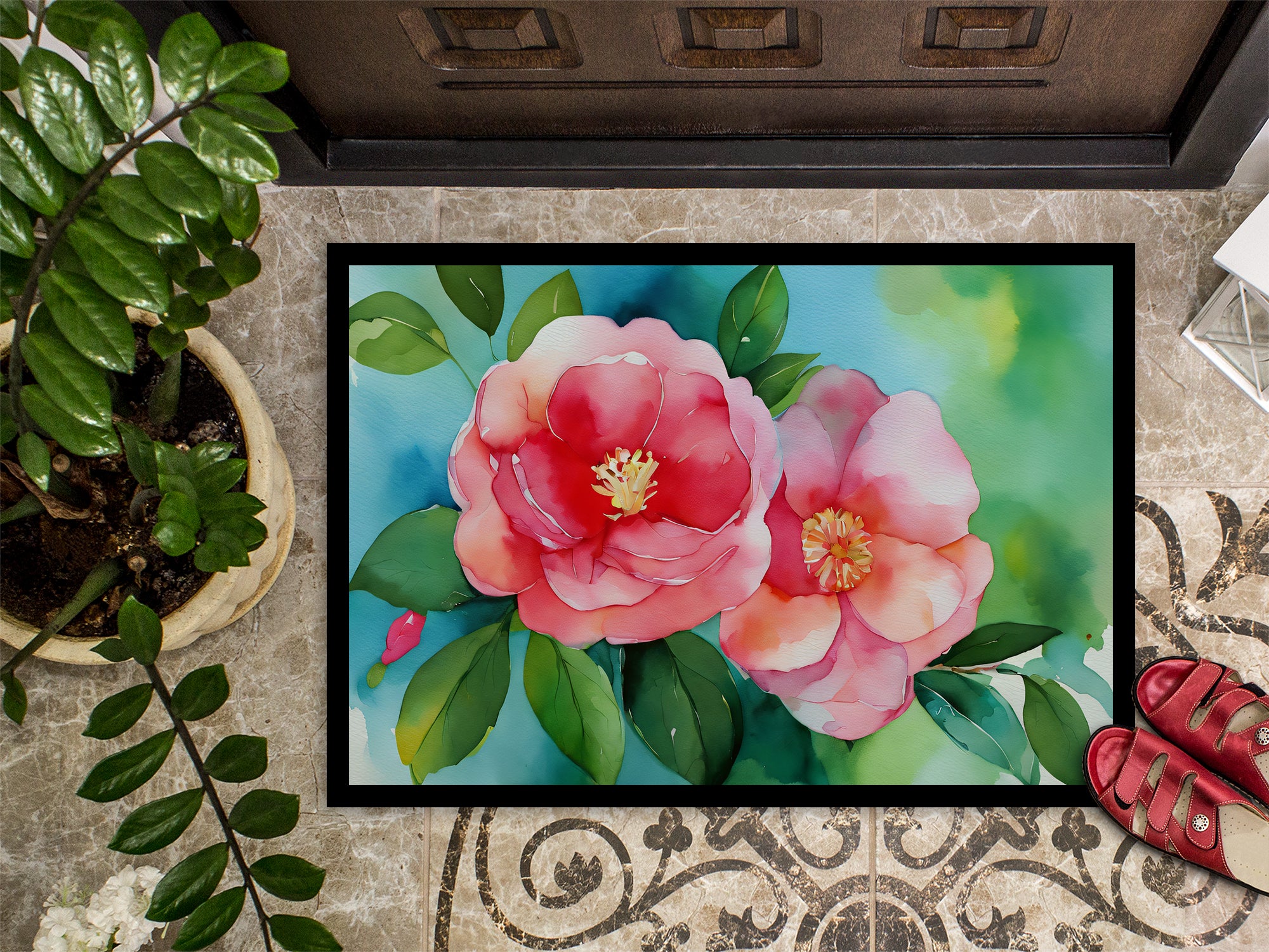 Alabama Camellia in Watercolor Doormat 18x27  the-store.com.