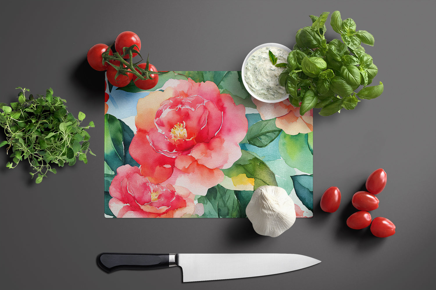 Alabama Camellia in Watercolor Glass Cutting Board Large  the-store.com.