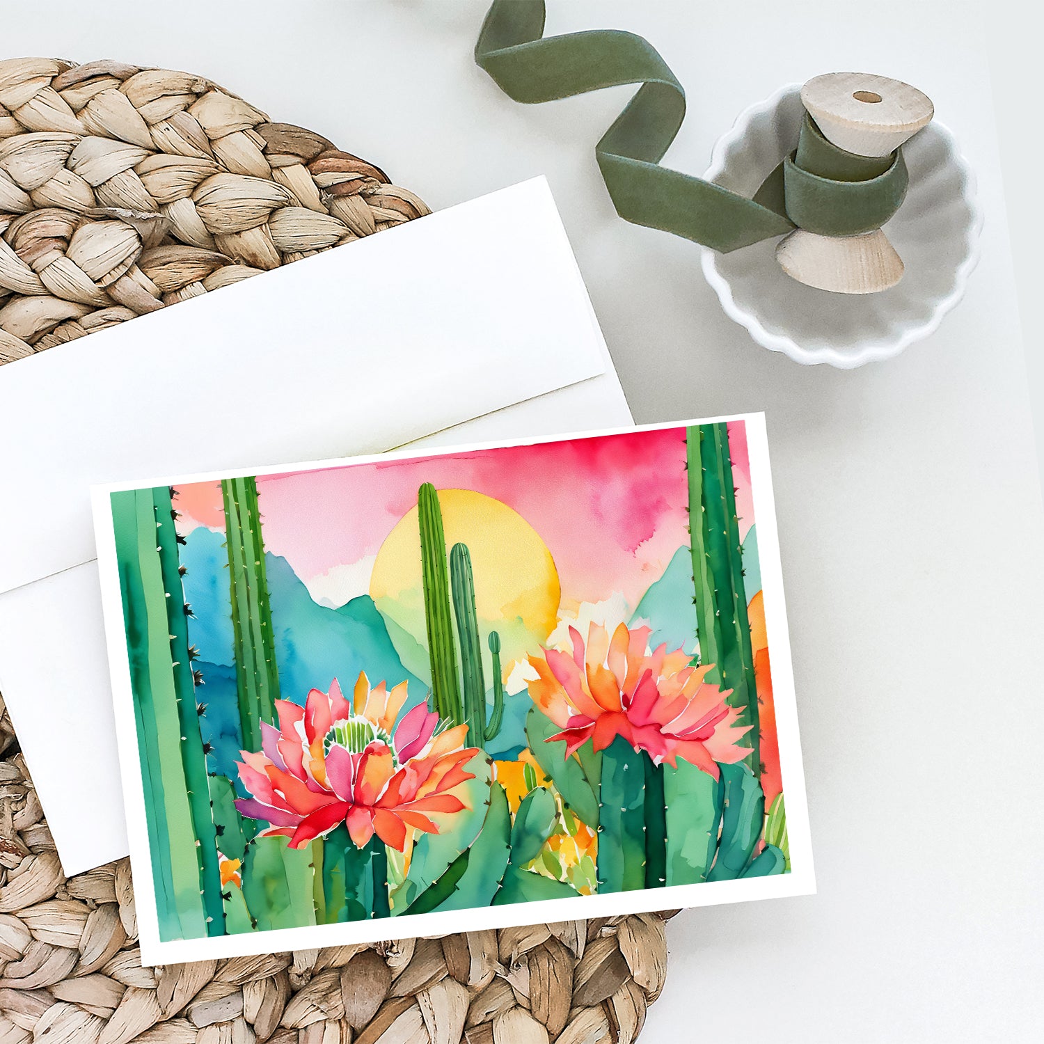 Arizona Saguaro Cactus Blossom in Watercolor Greeting Cards and Envelopes Pack of 8  the-store.com.