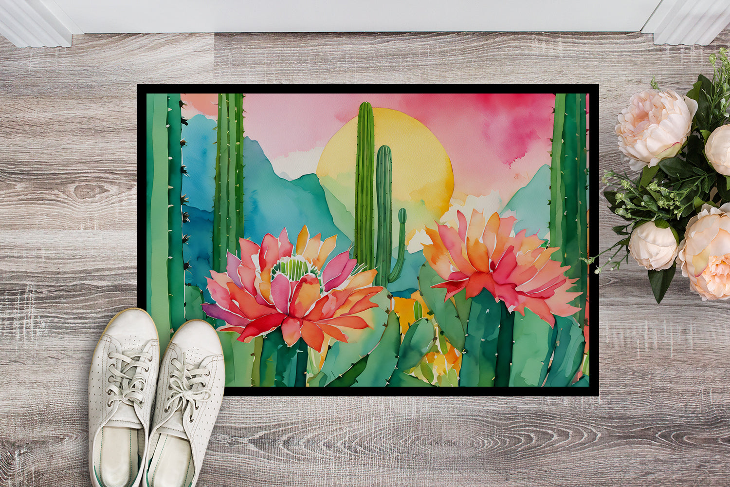 Buy this Arizona Saguaro Cactus Blossom in Watercolor Doormat 18x27