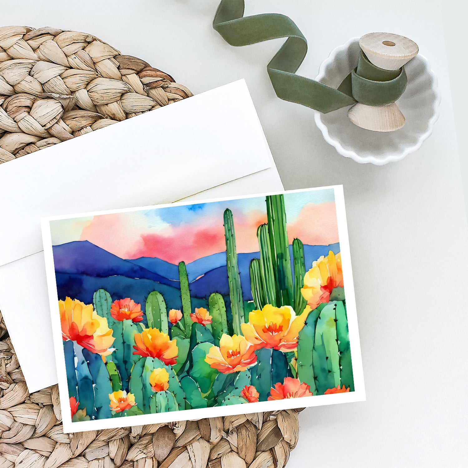 Arizona Saguaro Cactus Blossom in Watercolor Greeting Cards and Envelopes Pack of 8  the-store.com.