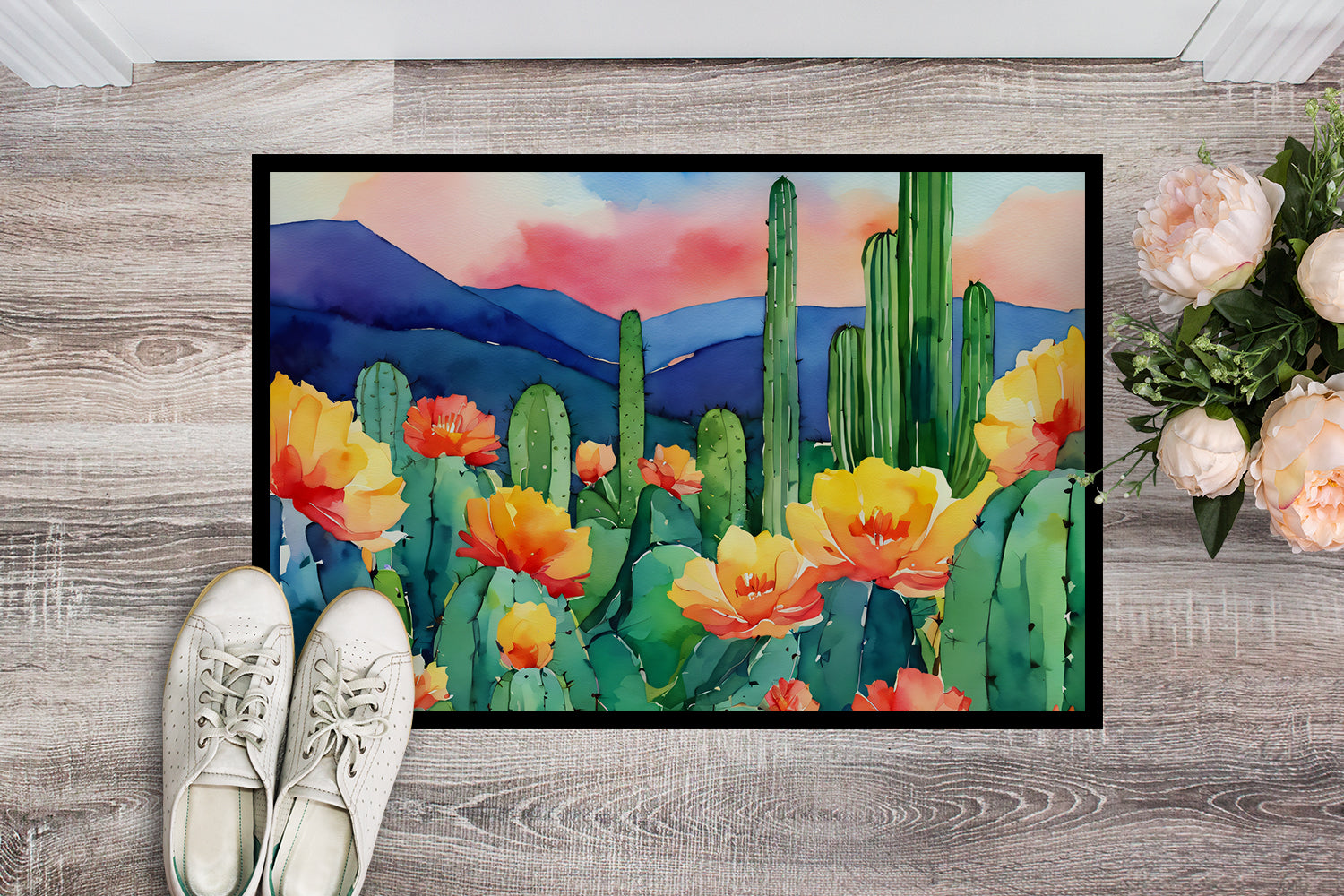 Arizona Saguaro Cactus Blossom in Watercolor Indoor or Outdoor Mat 24x36  the-store.com.
