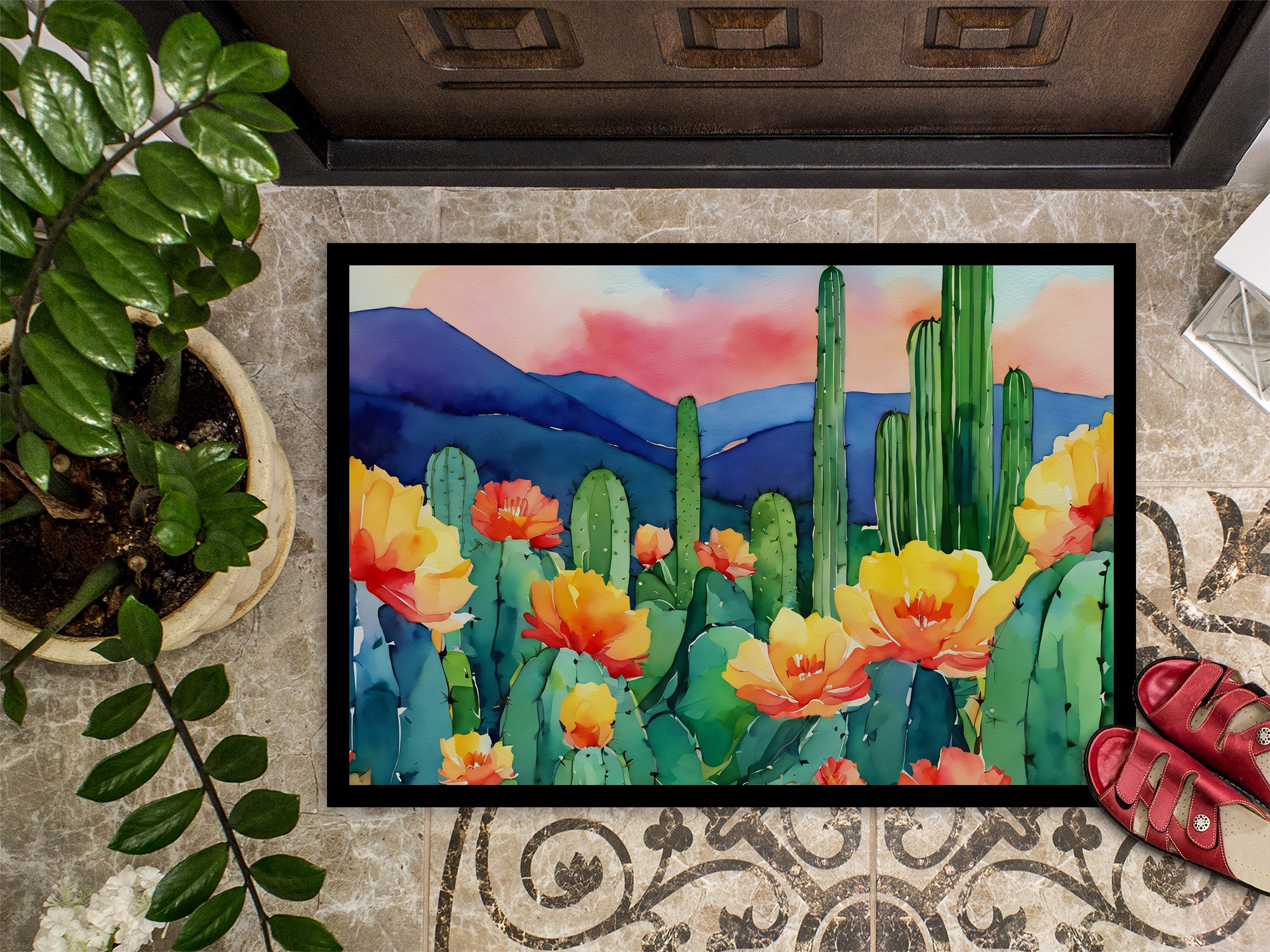 Arizona Saguaro Cactus Blossom in Watercolor Doormat 18x27