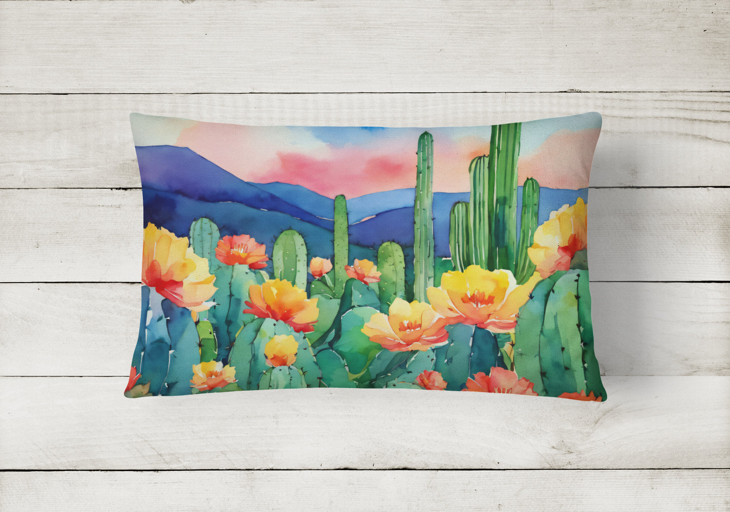 Arizona Saguaro Cactus Blossom in Watercolor Fabric Decorative Pillow  the-store.com.