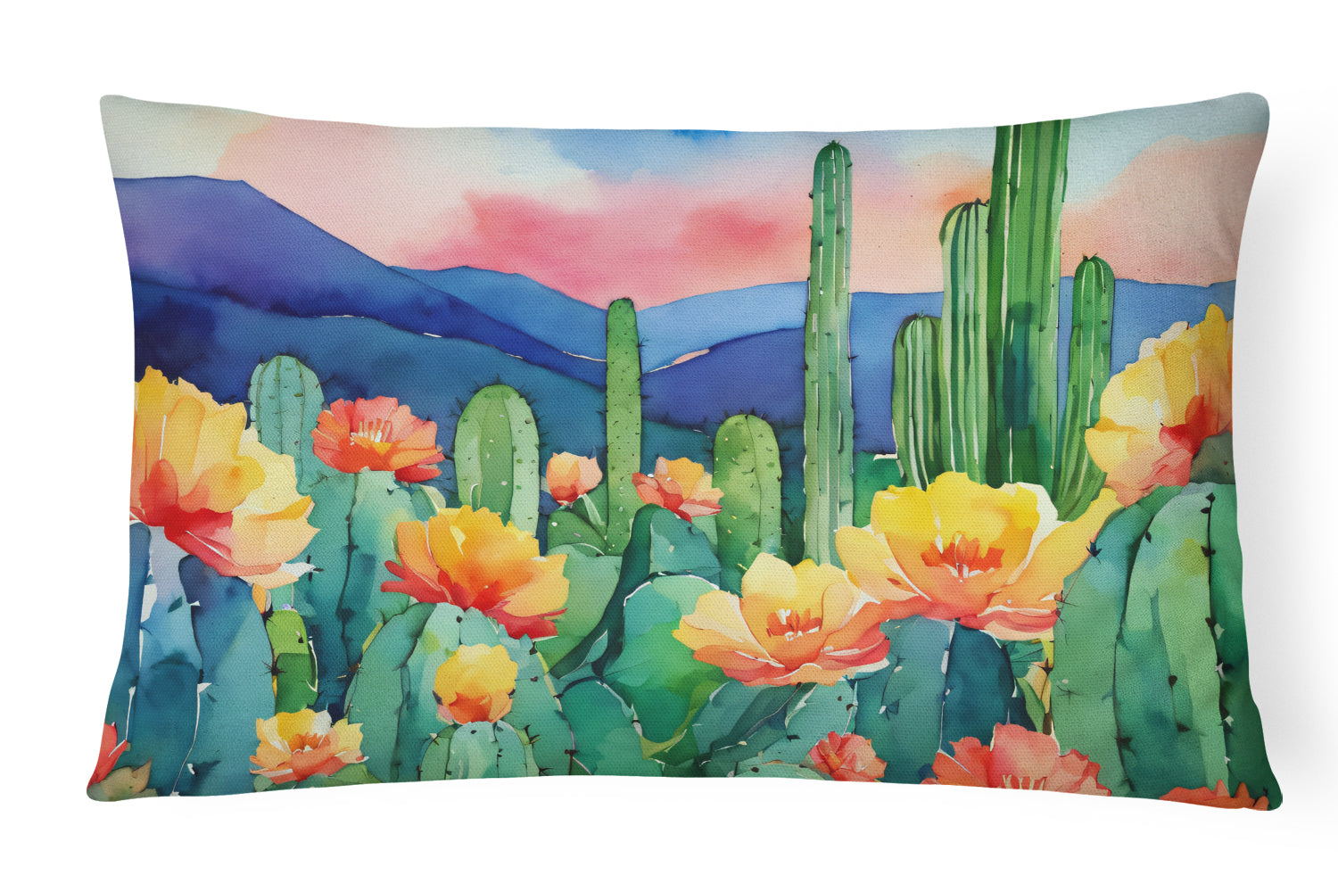 Buy this Arizona Saguaro Cactus Blossom in Watercolor Fabric Decorative Pillow