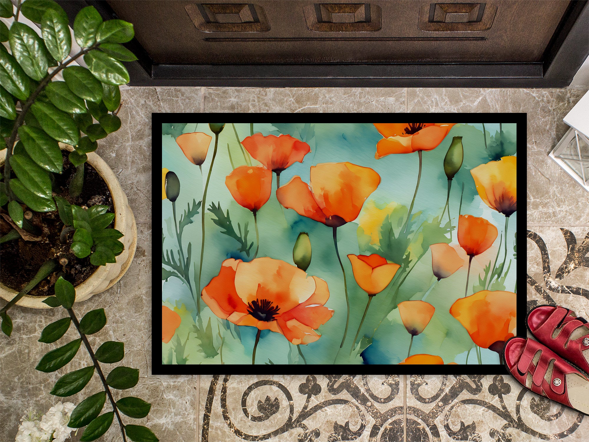 California California Poppies in Watercolor Doormat 18x27