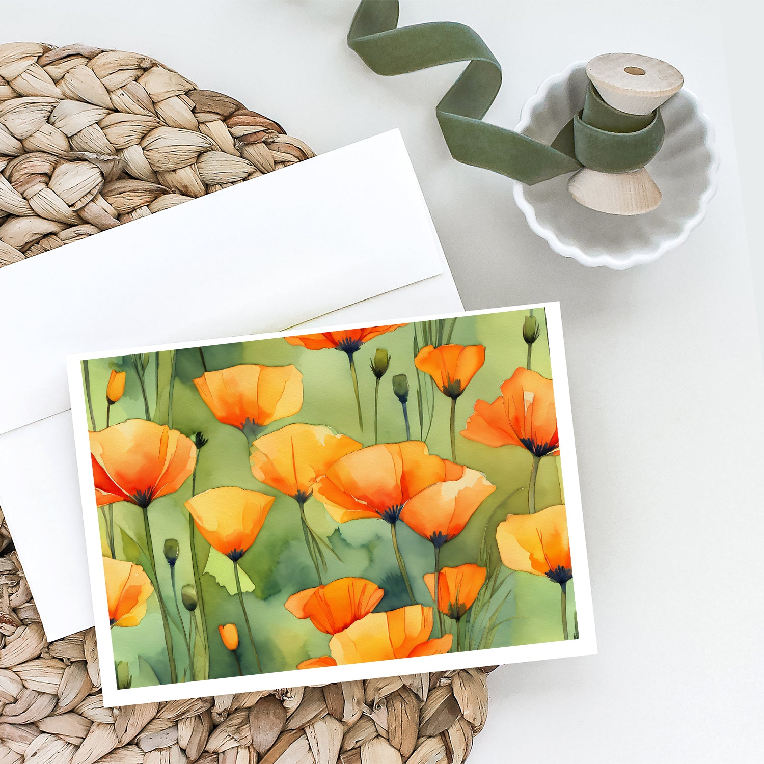 California California Poppies in Watercolor Greeting Cards and Envelopes Pack of 8  the-store.com.