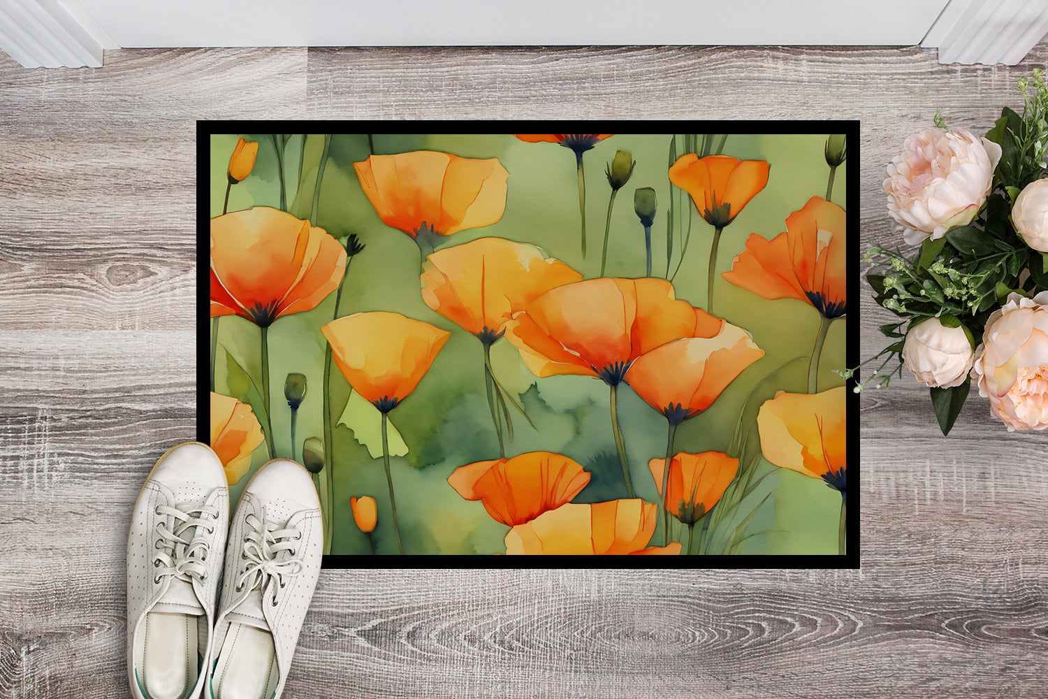 California California Poppies in Watercolor Indoor or Outdoor Mat 24x36  the-store.com.