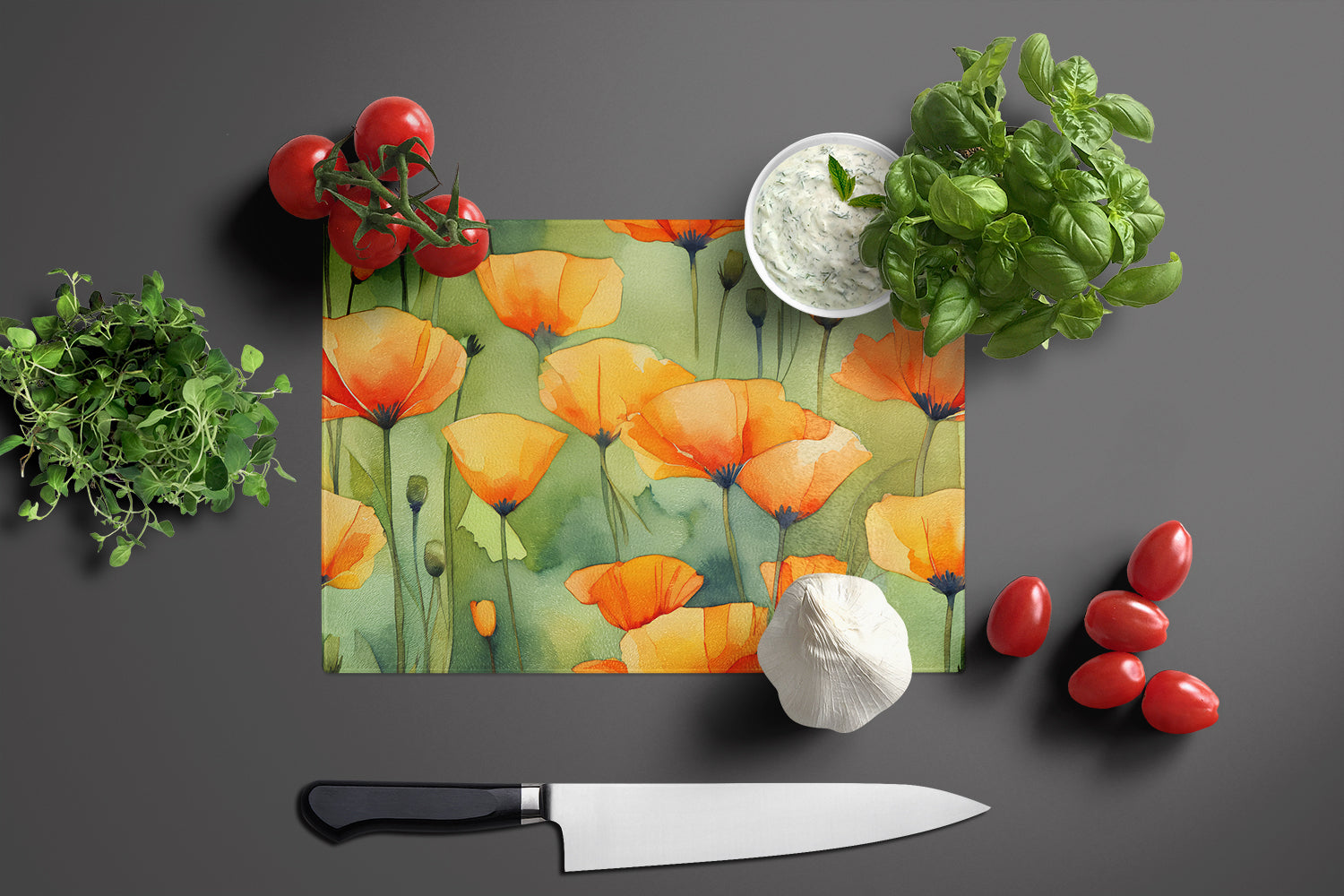 California California Poppies in Watercolor Glass Cutting Board Large  the-store.com.