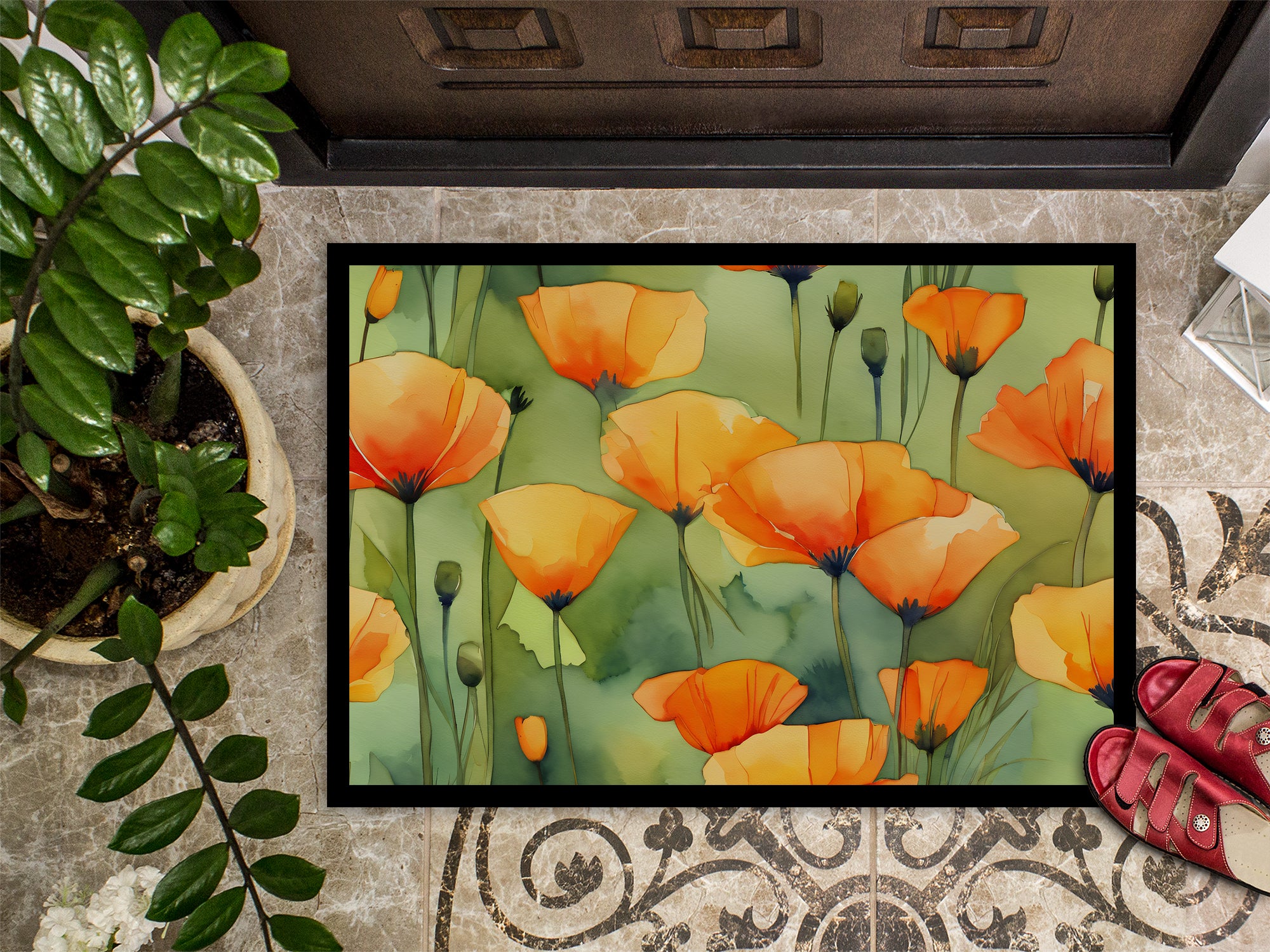 California California Poppies in Watercolor Doormat 18x27  the-store.com.