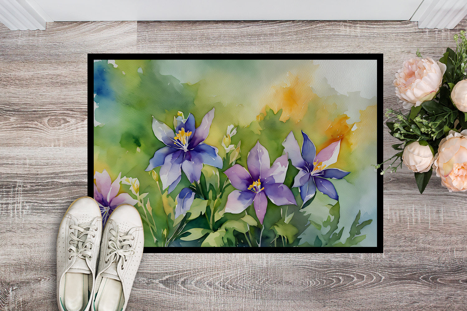 Buy this Colorado Rocky Mountain Columbine in Watercolor Indoor or Outdoor Mat 24x36