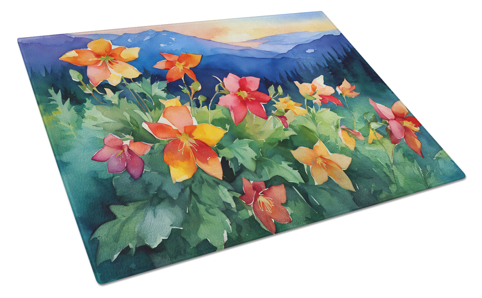 Buy this Colorado Rocky Mountain Columbine in Watercolor Glass Cutting Board Large