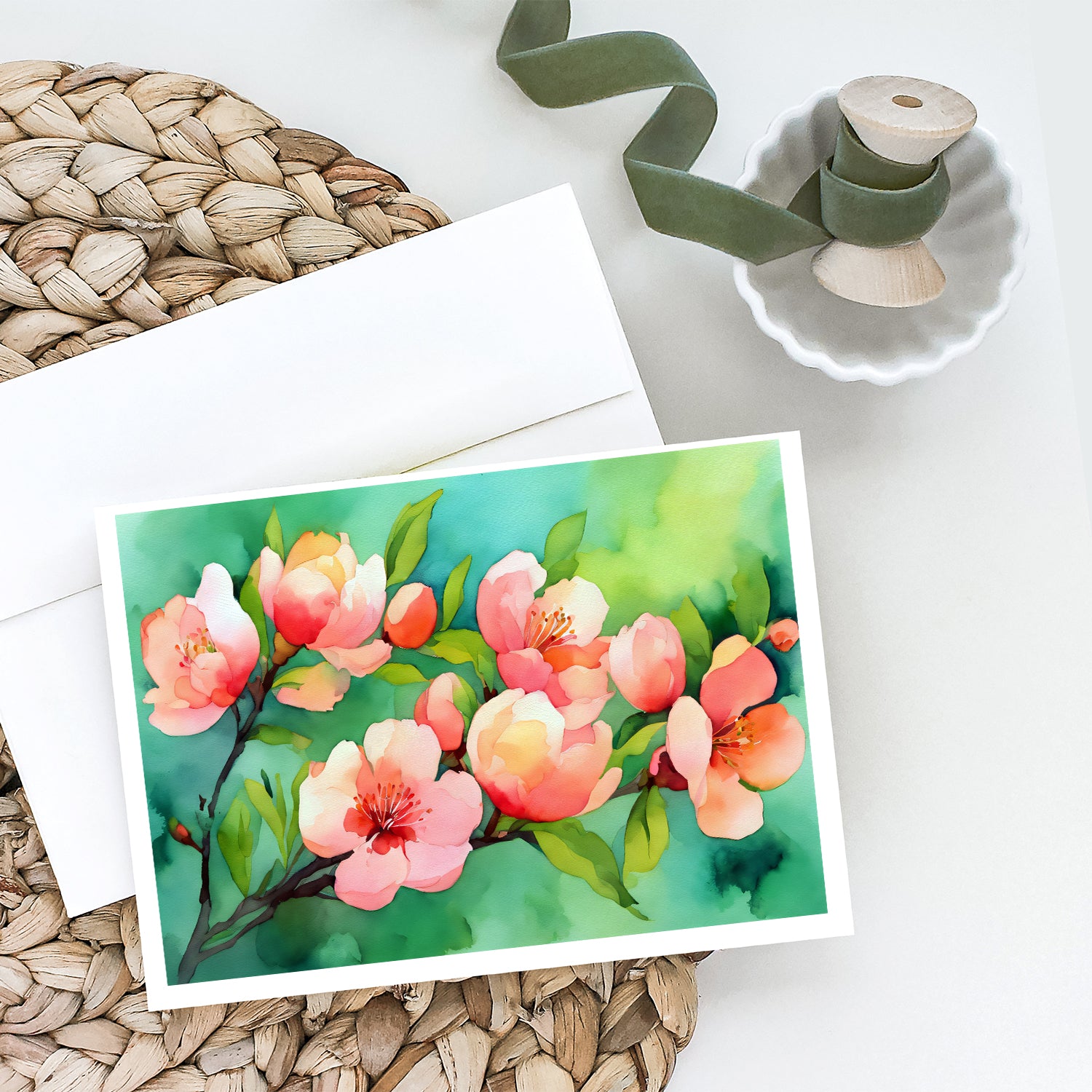 Delaware Peach Blossom in Watercolor Greeting Cards and Envelopes Pack of 8