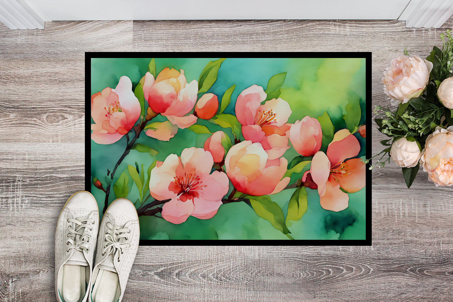 Delaware Peach Blossom in Watercolor Indoor or Outdoor Mat 24x36  the-store.com.