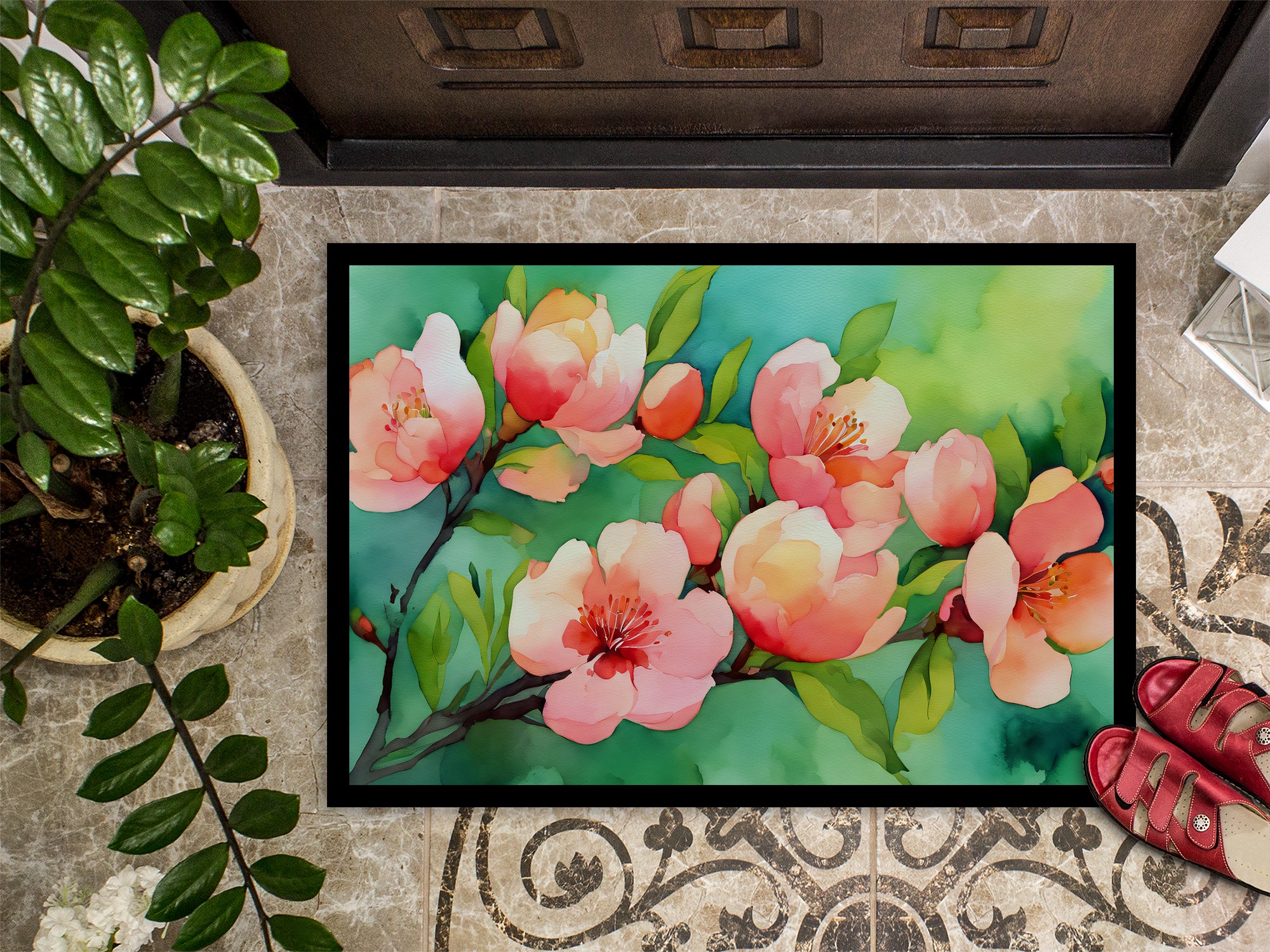 Delaware Peach Blossom in Watercolor Indoor or Outdoor Mat 24x36  the-store.com.