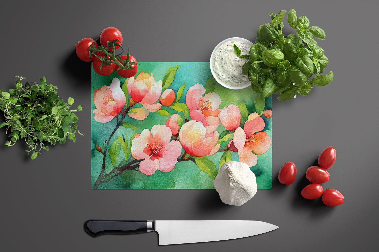 Delaware Peach Blossom in Watercolor Glass Cutting Board Large  the-store.com.