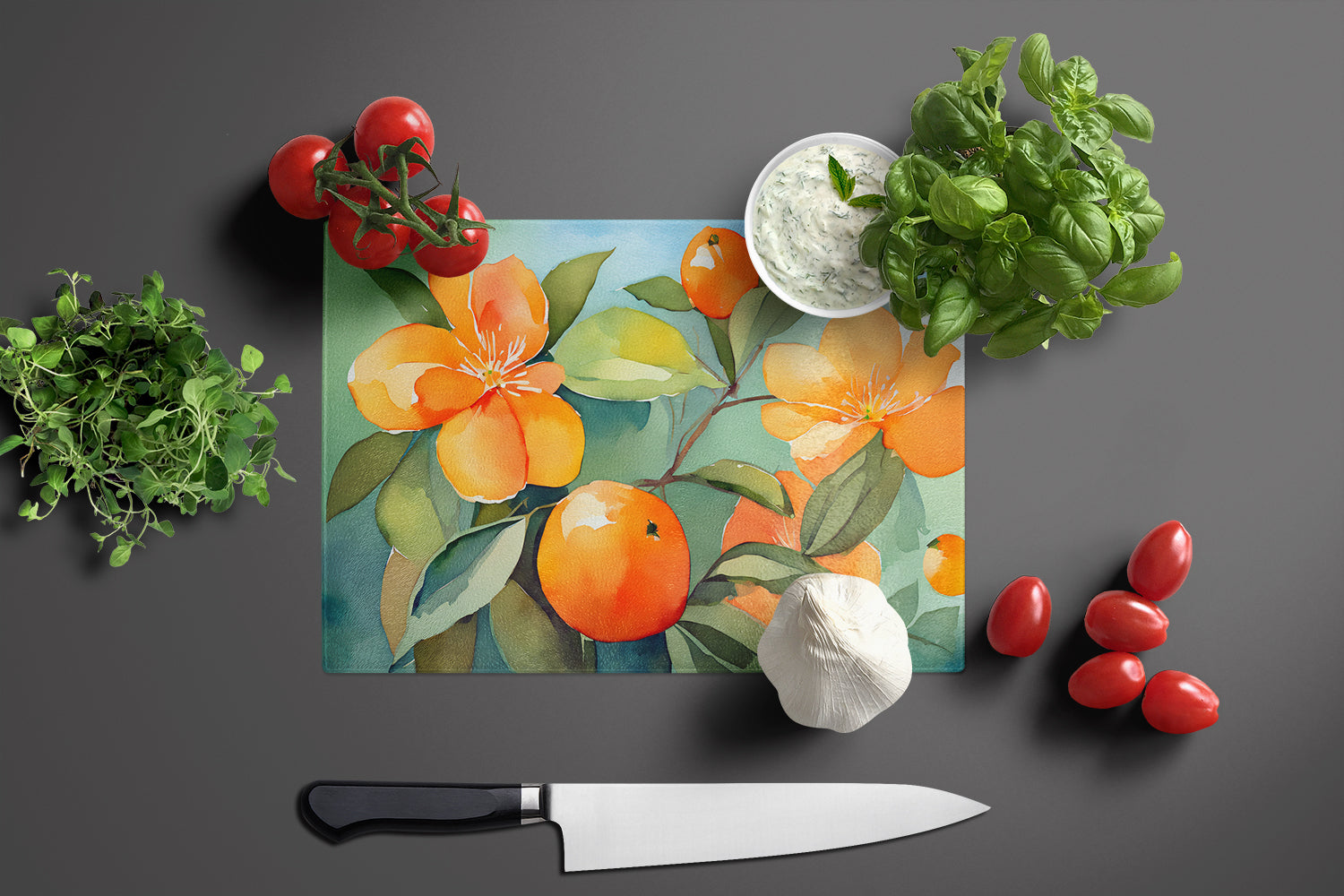 Florida Orange Blossom in Watercolor Glass Cutting Board Large  the-store.com.