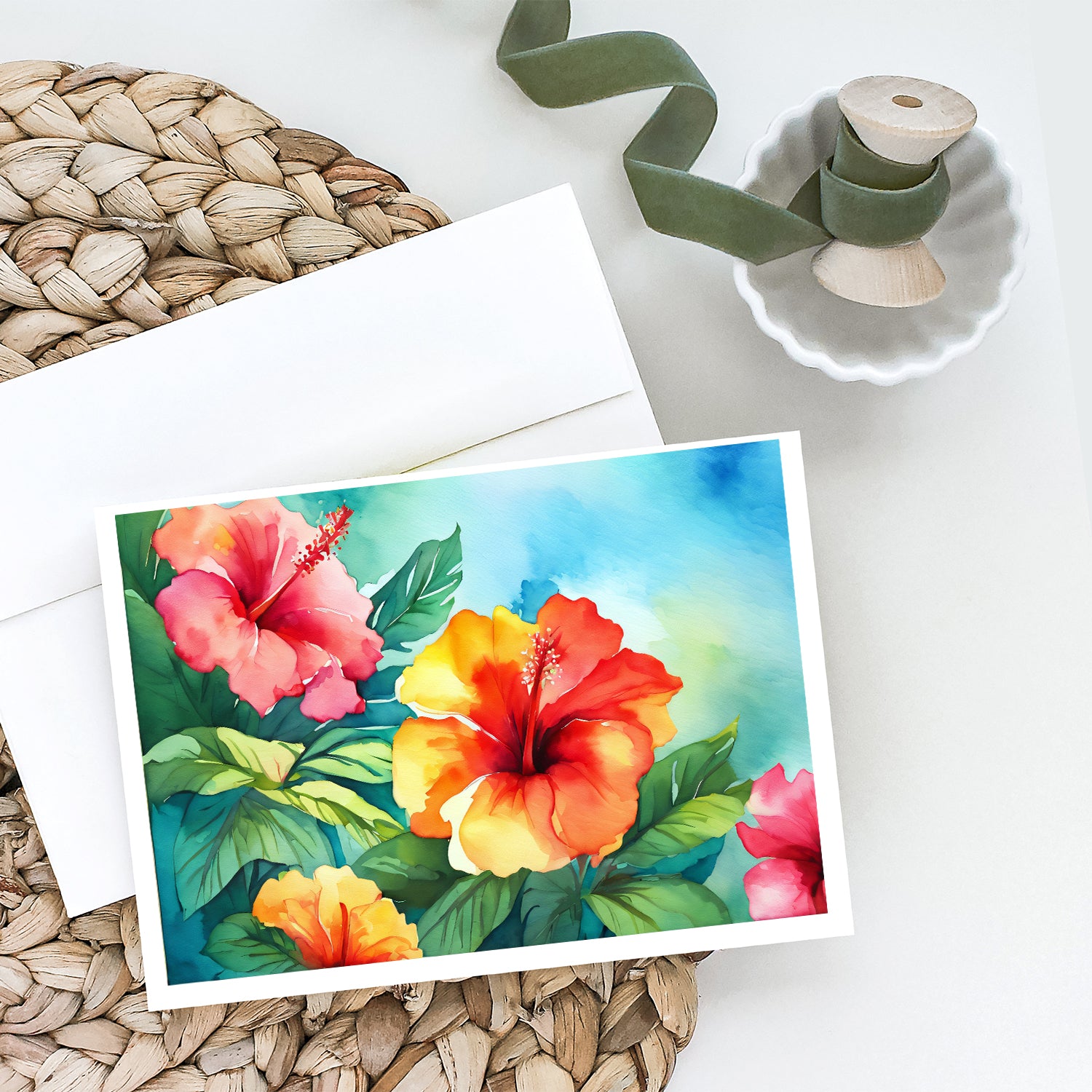 Hawaii Hawaiian Hibiscus in Watercolor Greeting Cards and Envelopes Pack of 8