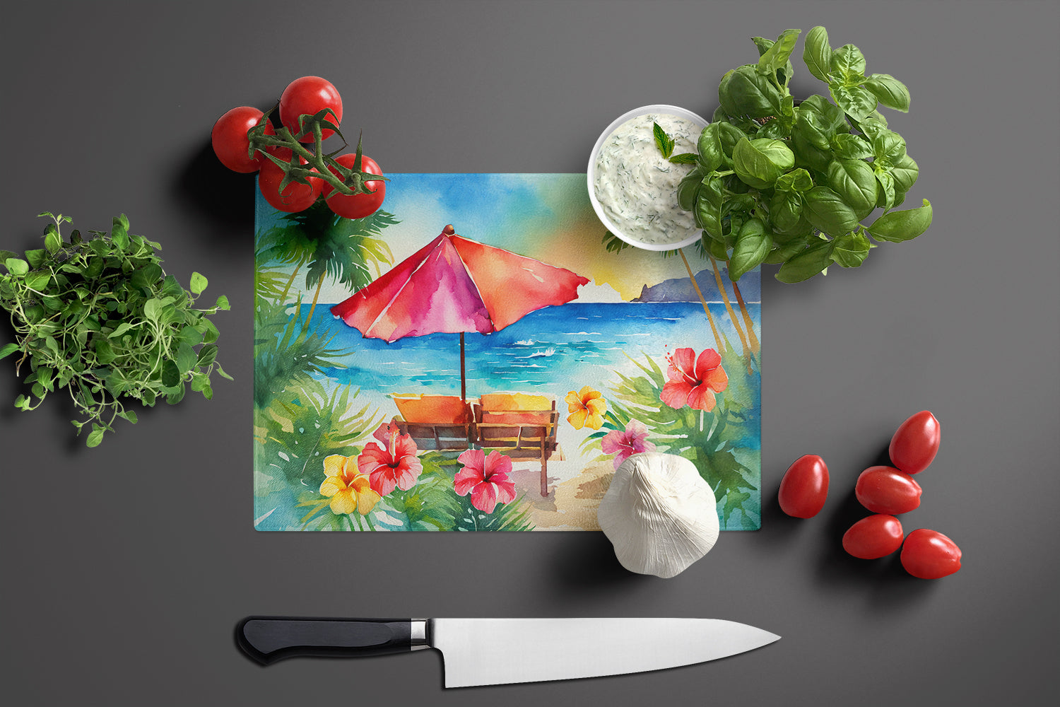 Hawaii Hawaiian Hibiscus in Watercolor Glass Cutting Board Large