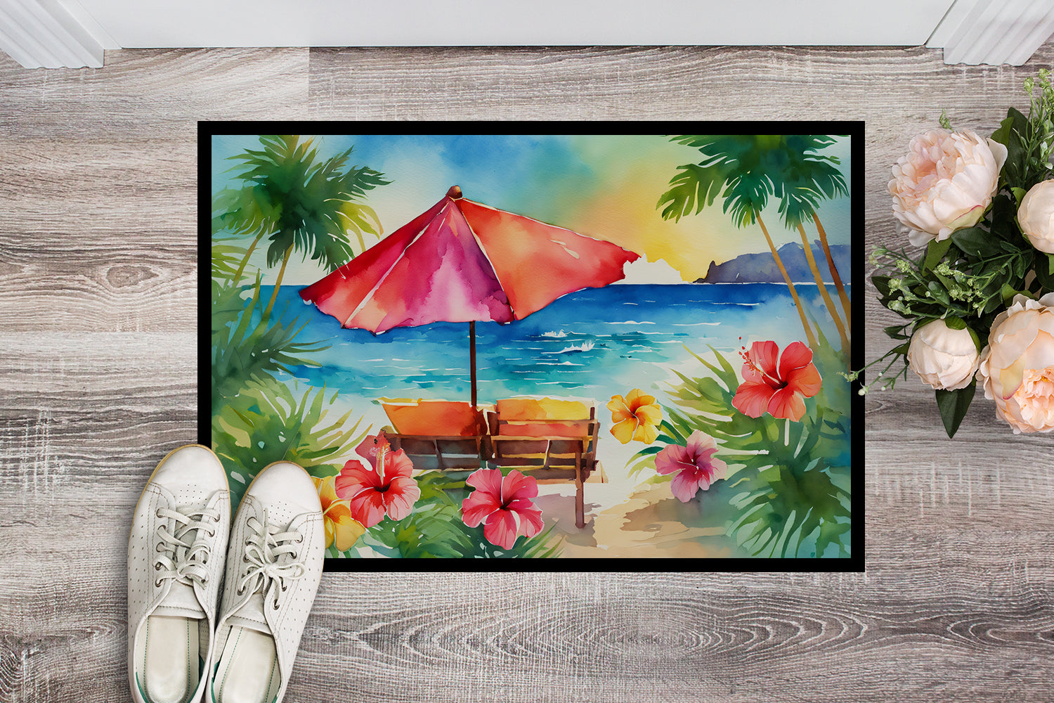 Hawaii Hawaiian Hibiscus in Watercolor Doormat 18x27