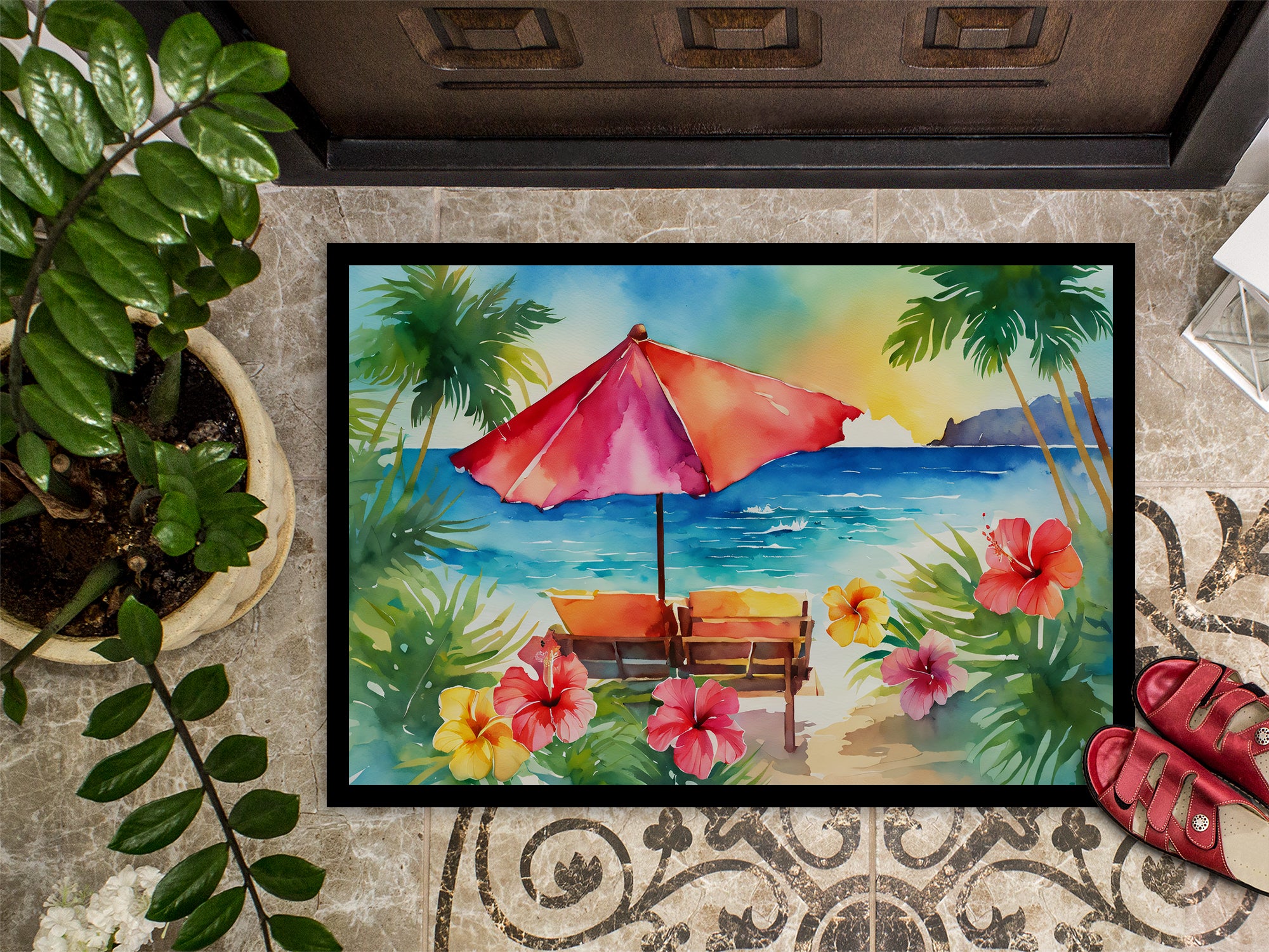 Hawaii Hawaiian Hibiscus in Watercolor Doormat 18x27