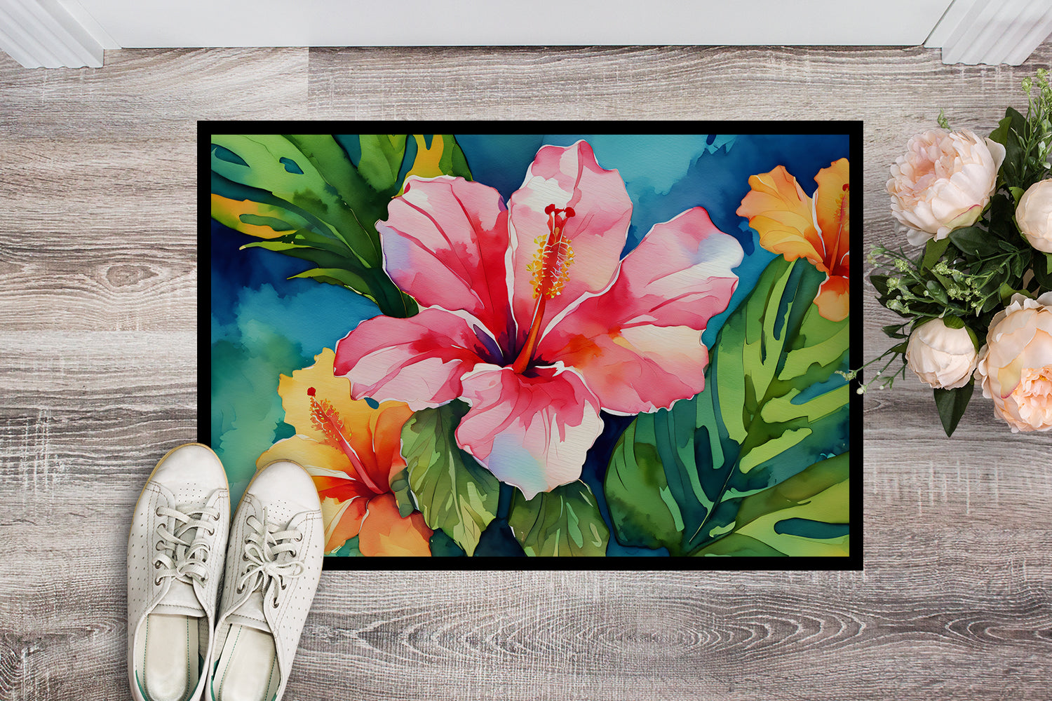 Hawaii Hawaiian Hibiscus in Watercolor Indoor or Outdoor Mat 24x36